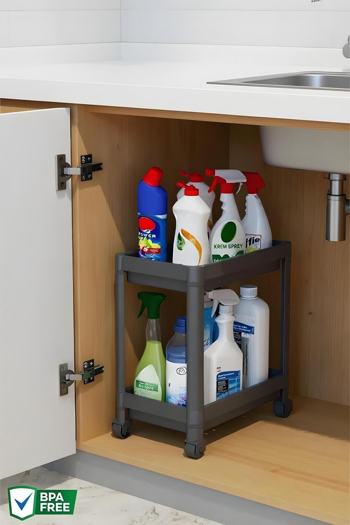 Justyol Tezgah Altı 2 Katlı Tekerlekli Organizer Raf Ünitesi – Çok Amaçlı Mutfak ve Banyo Düzenleyici