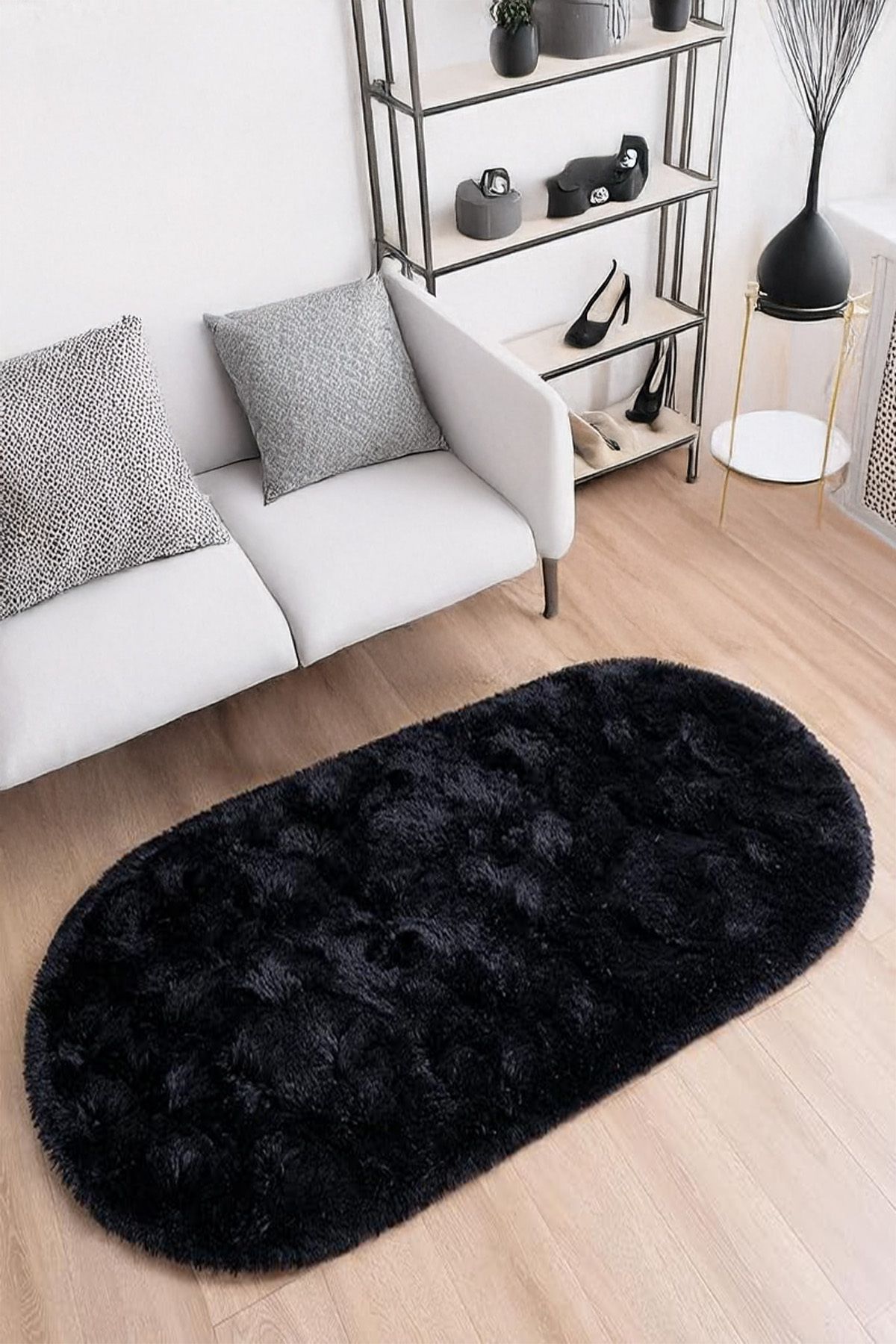 LOFT HOME CONSEPT Siyah Oval Post Halı Yumuşak Peluş Yolluk Kaymaz Dot Taban Antibakteriyel Makinada Yıkanabilir
