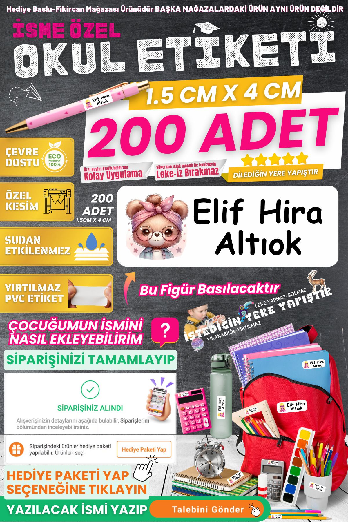 FİKİRCAN Fikircan-İsme Özel Okul Etiketi-SEVİMLİ AYICIK 200 Adet - Kokusuz Ekolojik Mürekkep PVC ETİKET