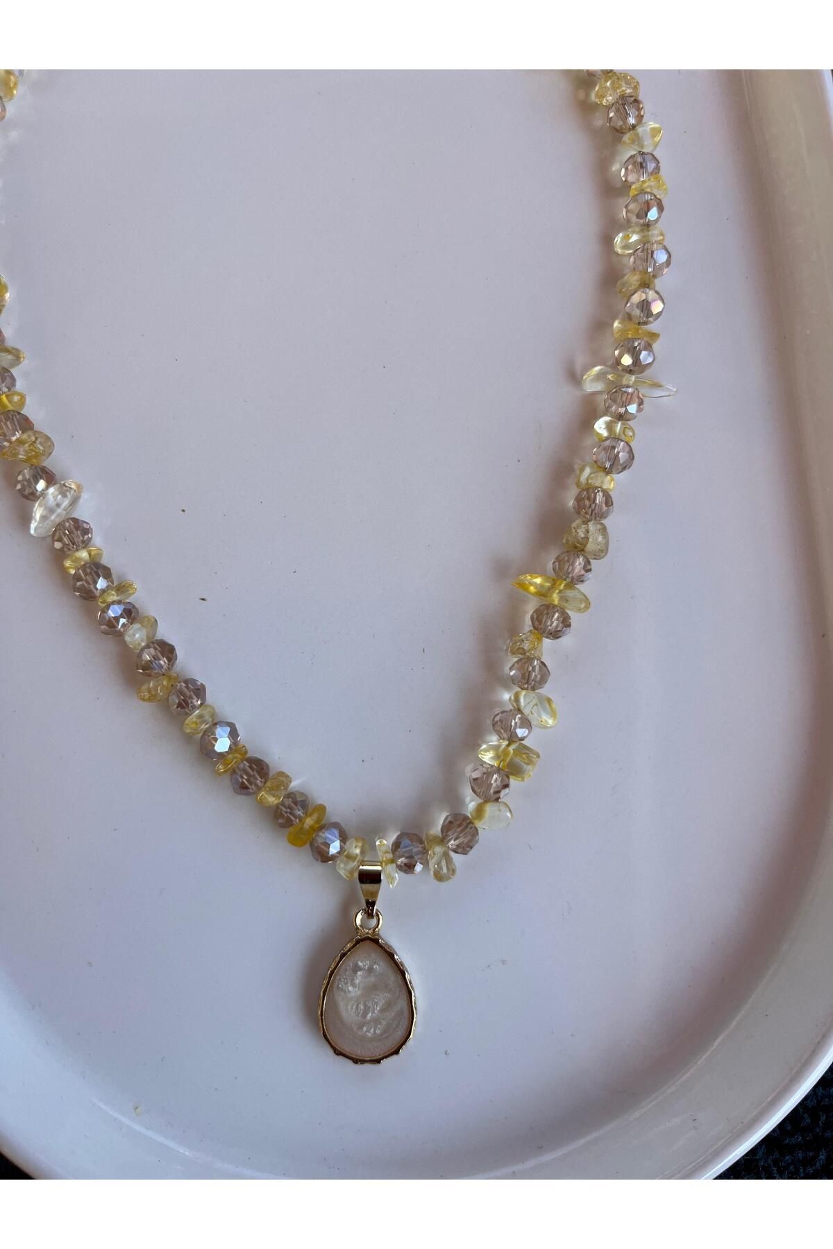 Fata Morgana Accessory Ametis Kırık Doğal Taşlı Damla Uçlu Sarı Kolye