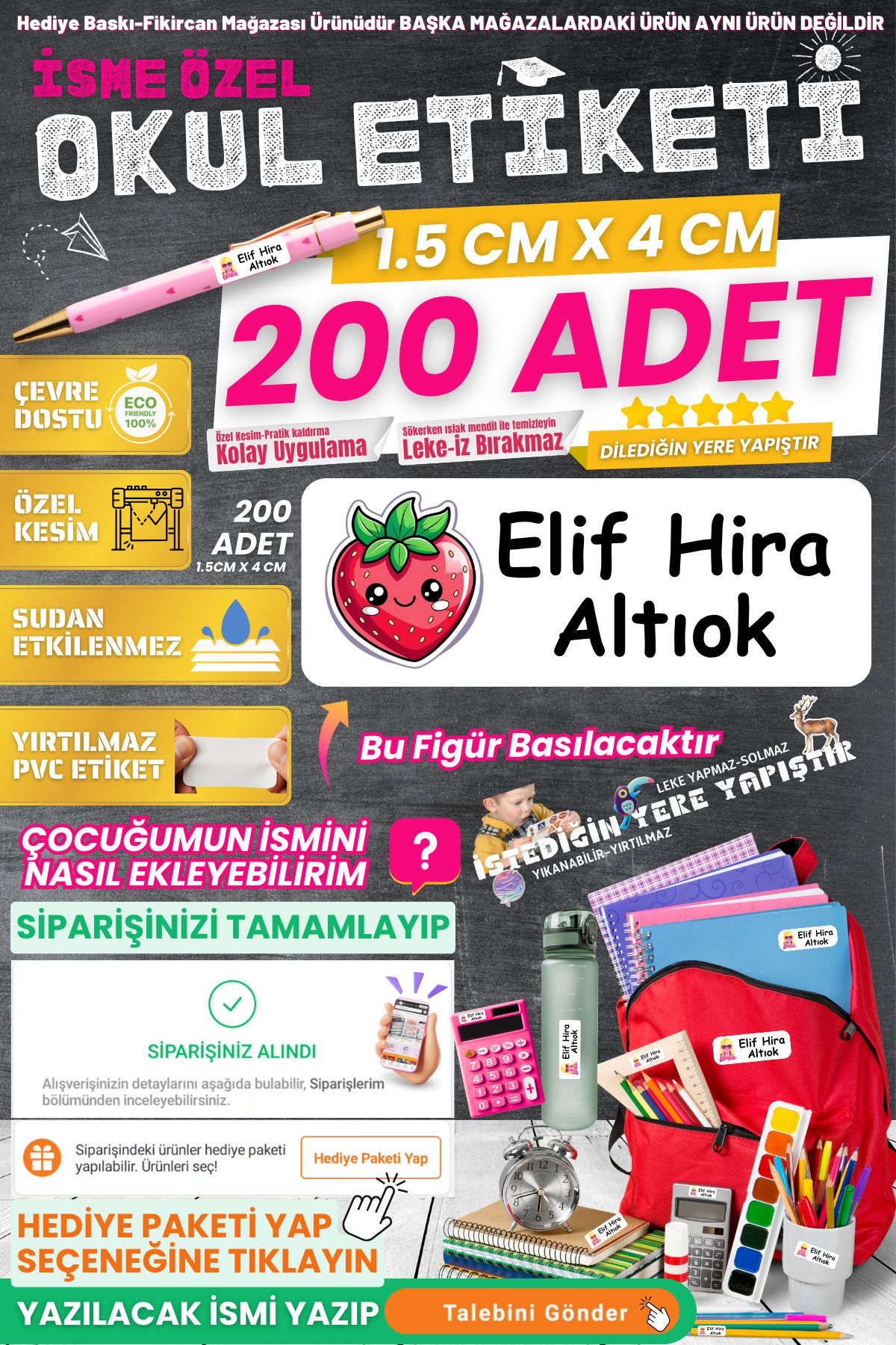 FİKİRCAN Fikircan-İsme Özel Okul Etiketi-SEVİMLİ ÇİLEK 200 Adet - Kokusuz Ekolojik Mürekkep PVC ETİKET
