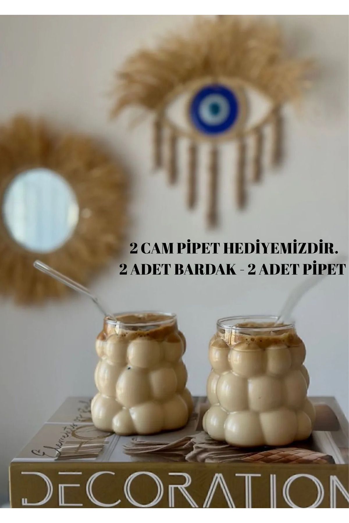 süza home Bubble Tasarımlı 2’li Cam Bardak ve cam pipet– 300 ml Şık bardak