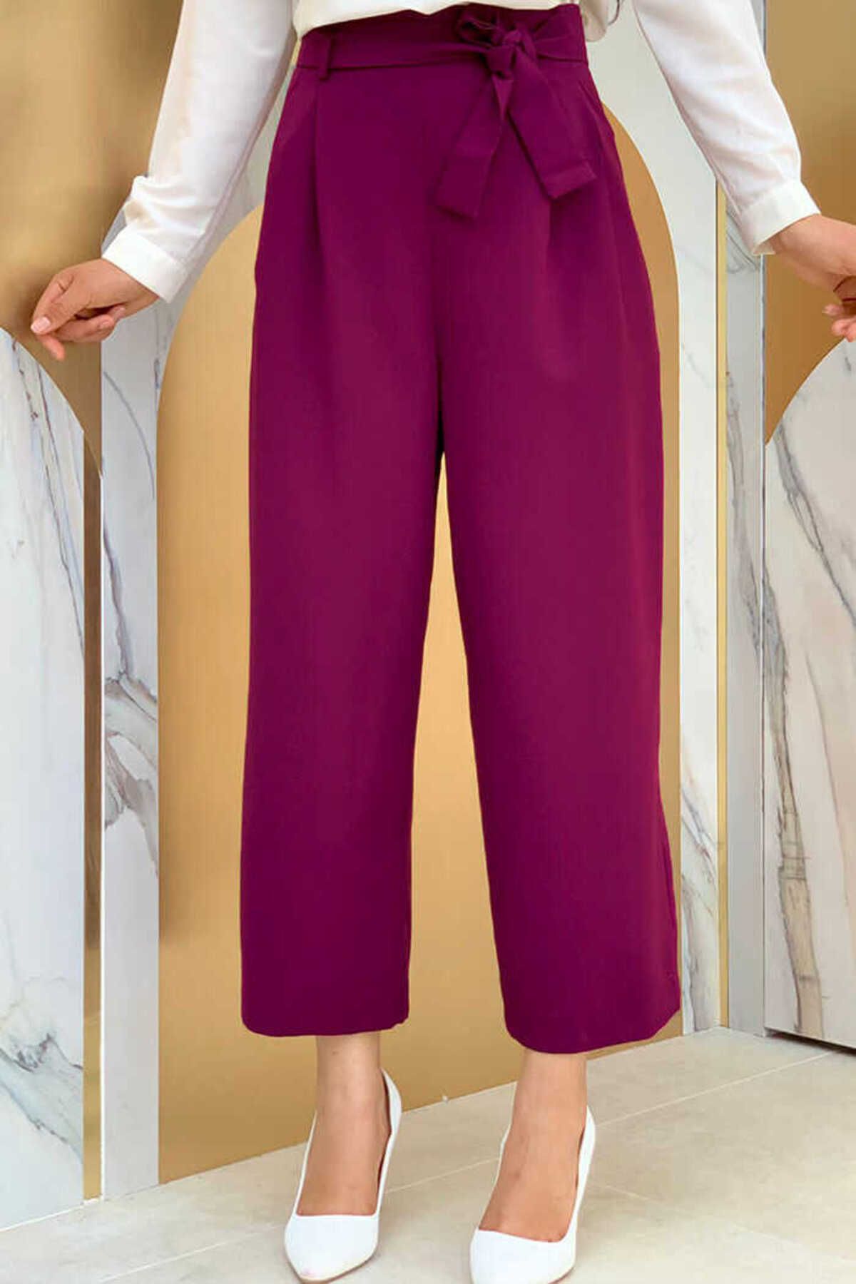 BYM Fermuarlı Bel Bağcıklı Pantolon 0174 Mürdüm