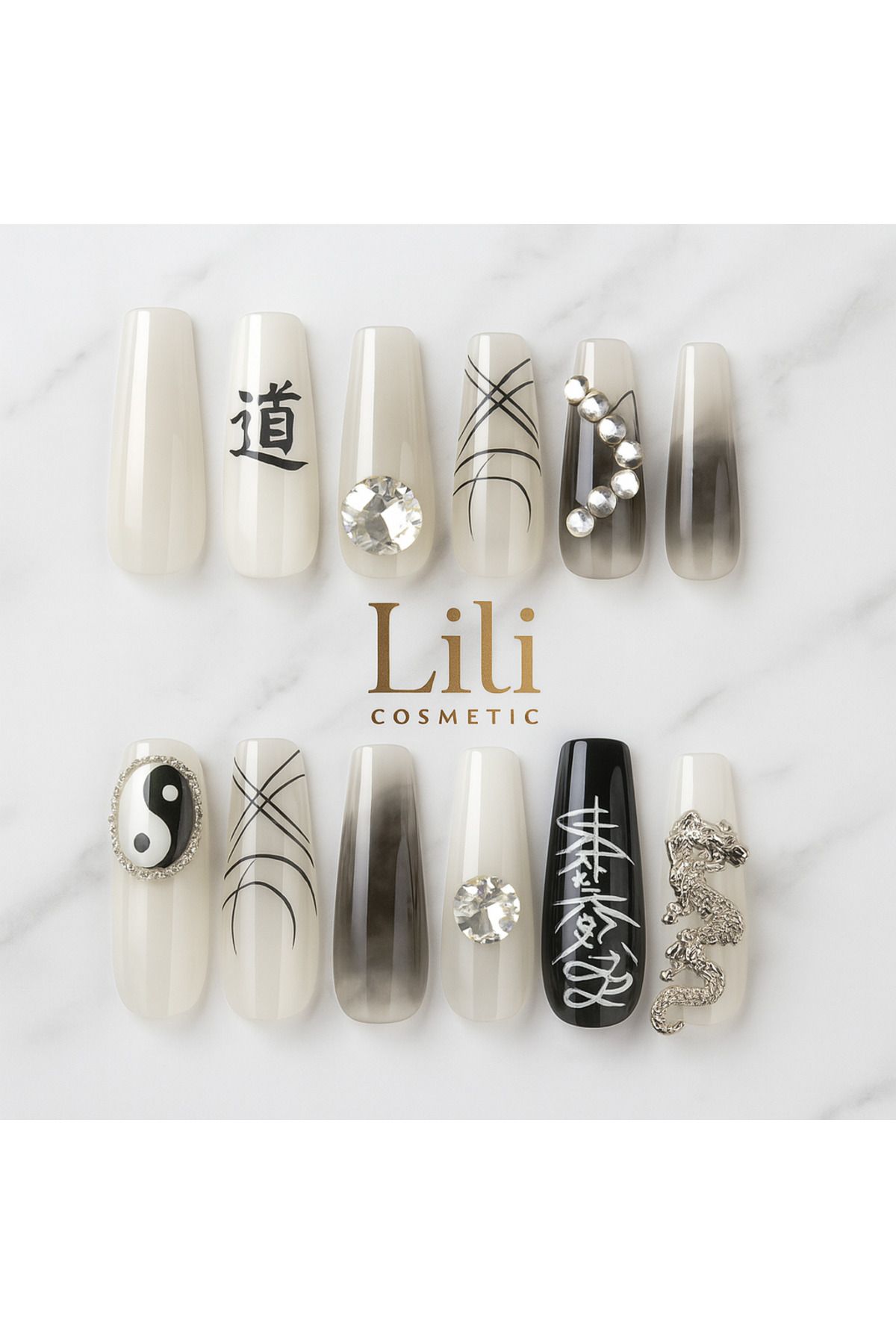 Lili Cosmetic Lüx 5D Taşlı Ejder Denge Anime Yazılı Takma Tırnak Kendinden Yapışkanlı 12li