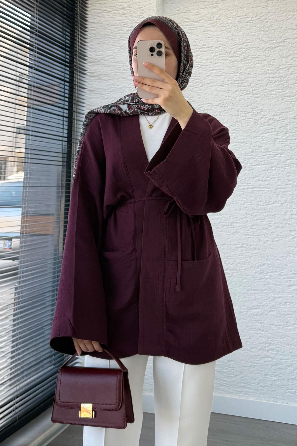 MELEK ARAZ Cep Detaylı Kuşaklı Müslin Kimono - Bordo
