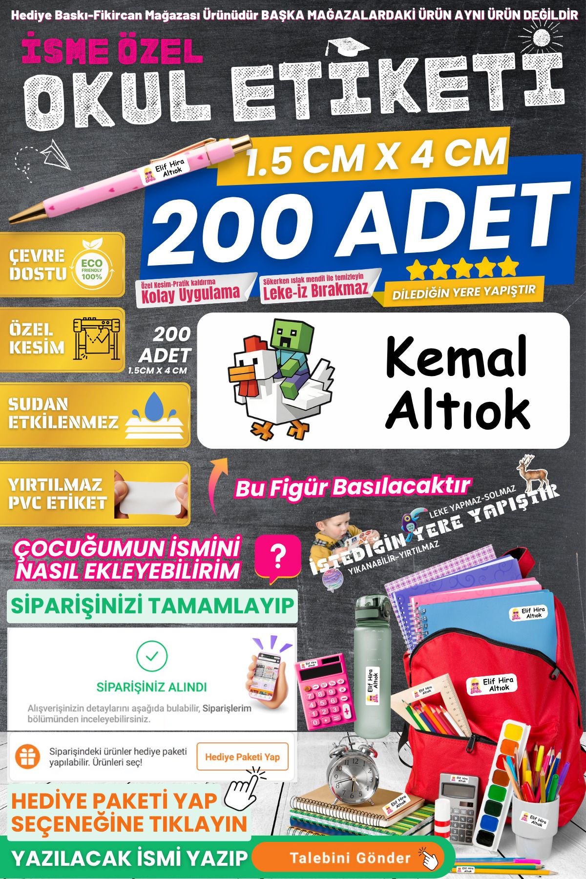 FİKİRCAN Fikircan-İsme Özel Okul Etiketi-ROBLOX VE TAVUK 200 Adet - Kokusuz Ekolojik Mürekkep PVC ETİKET