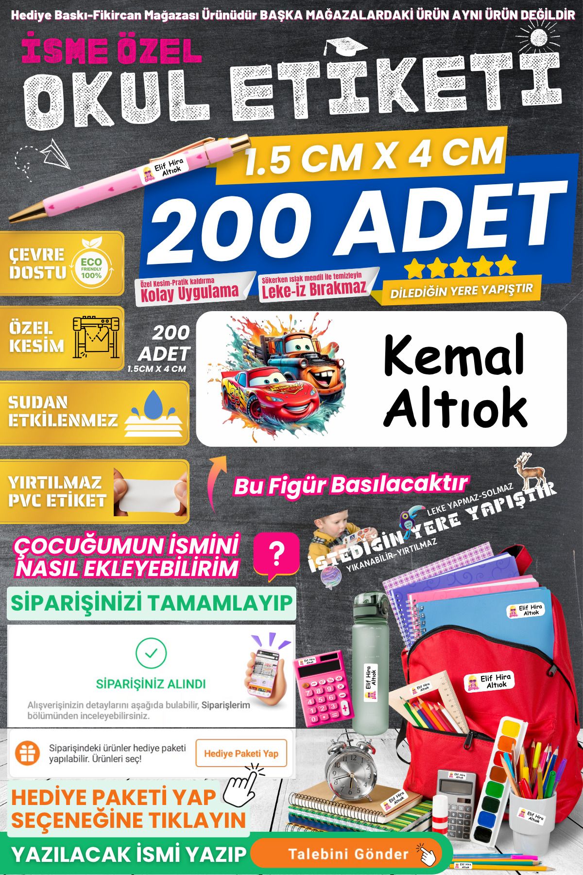 FİKİRCAN Fikircan-İsme Özel Okul Etiketi-Şimşek McQueen 200 Adet - Kokusuz Ekolojik Mürekkep PVC ETİKET
