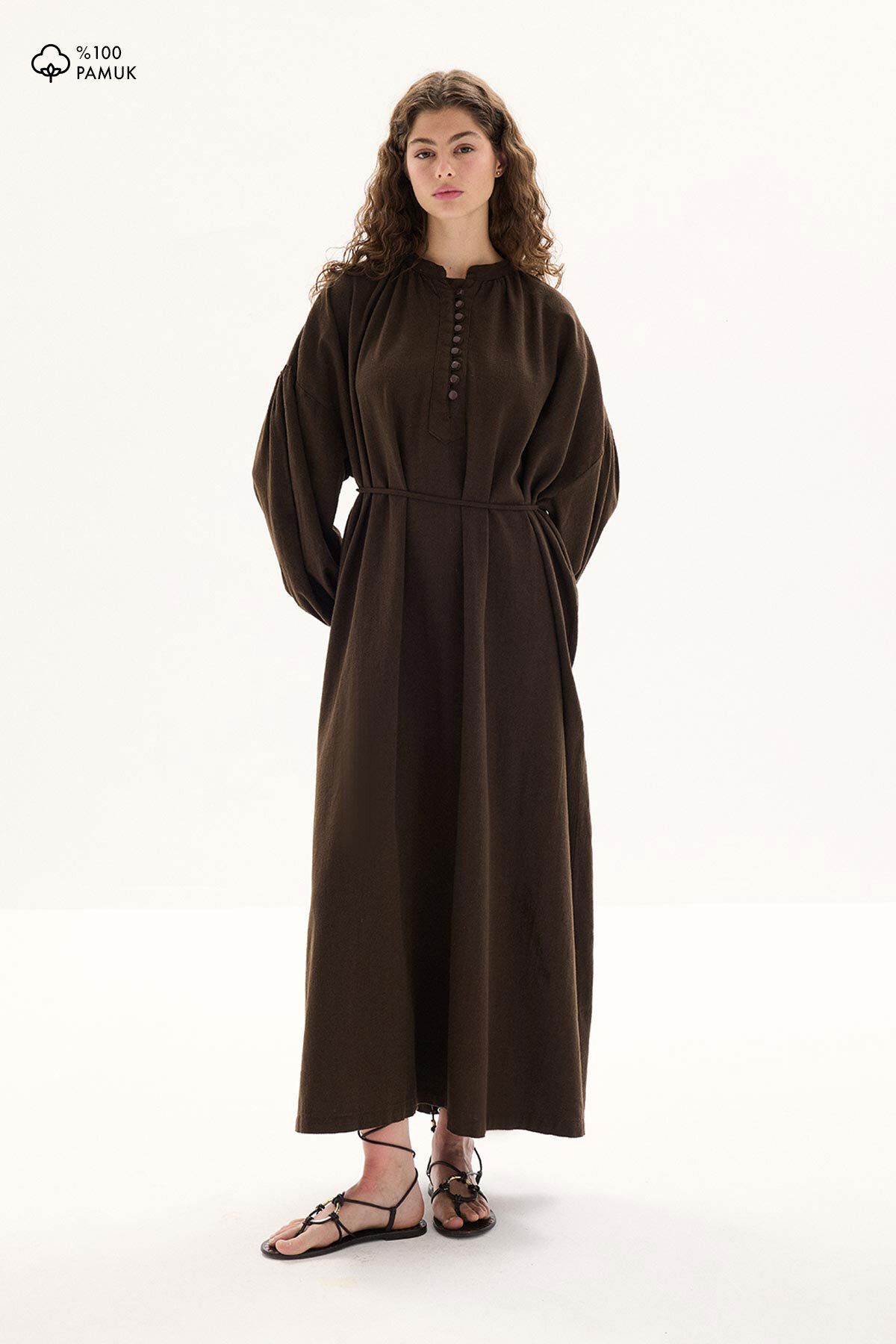 Hooopstore Oversize Keten Dokulu Kahve Elbise