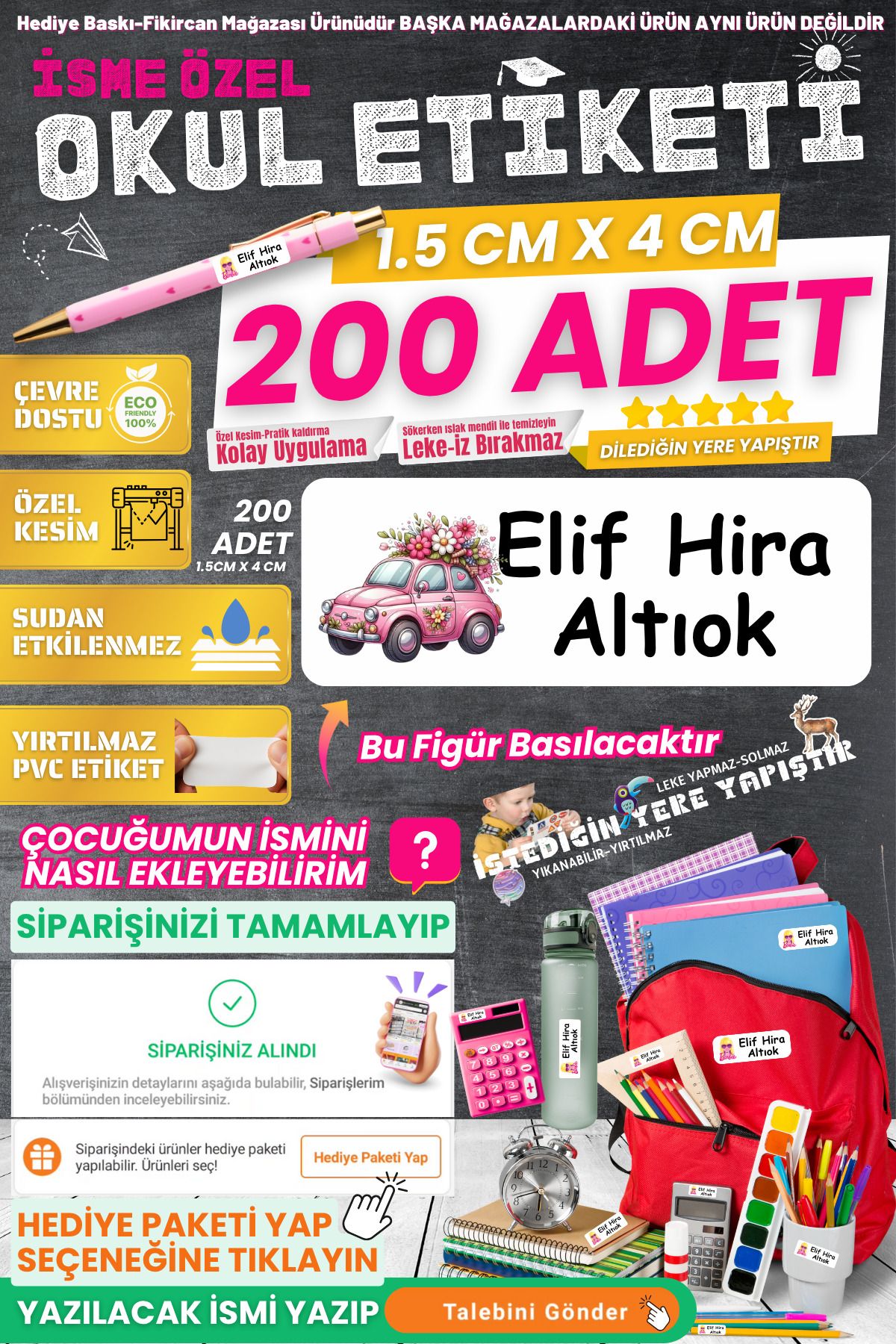 FİKİRCAN Fikircan-İsme Özel Okul Etiketi-PEMBE VOSVOS 200 Adet - Kokusuz Ekolojik Mürekkep PVC ETİKET