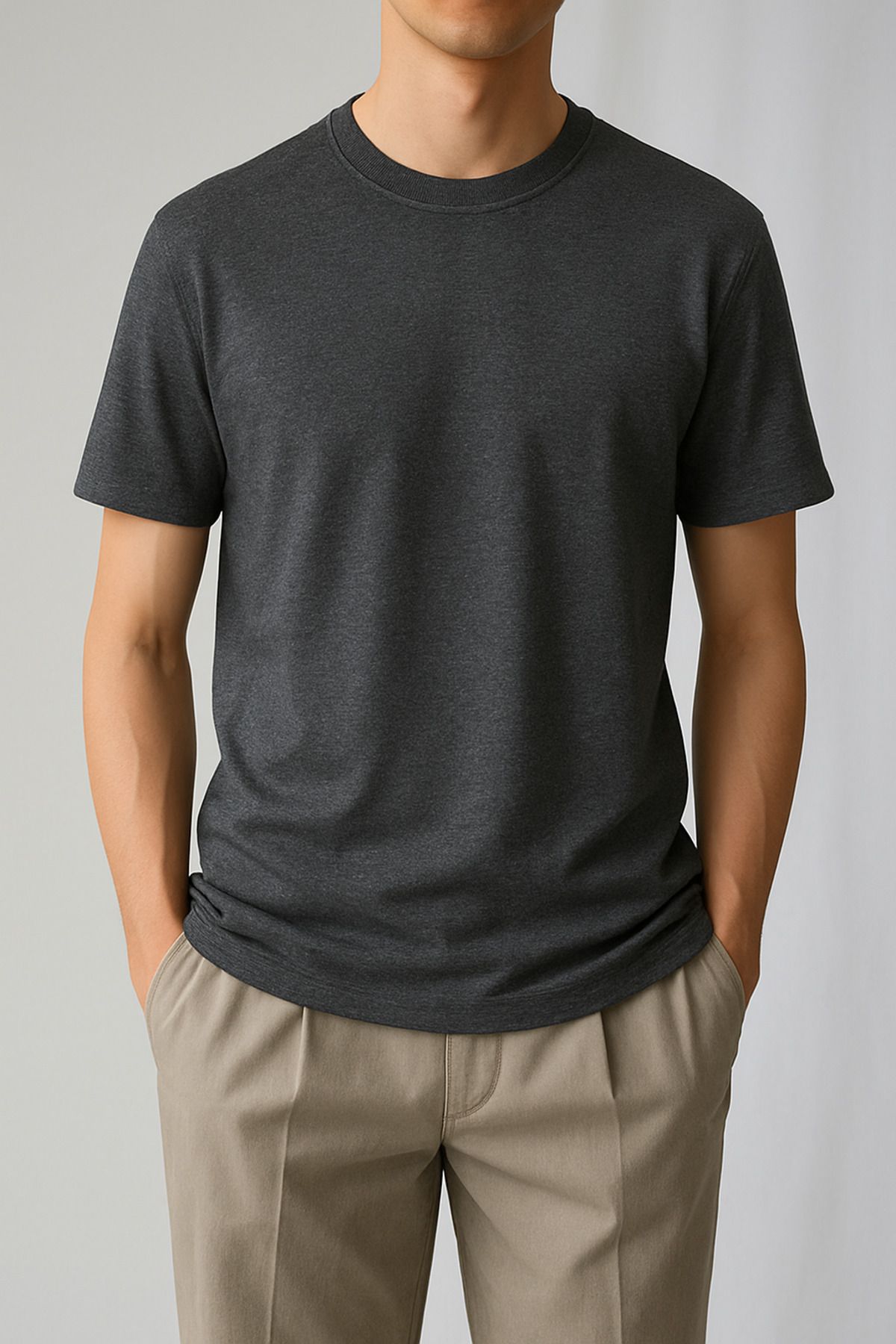 BLUGRIN Unisex Basic Düz T-Shirt | Siyah Melange