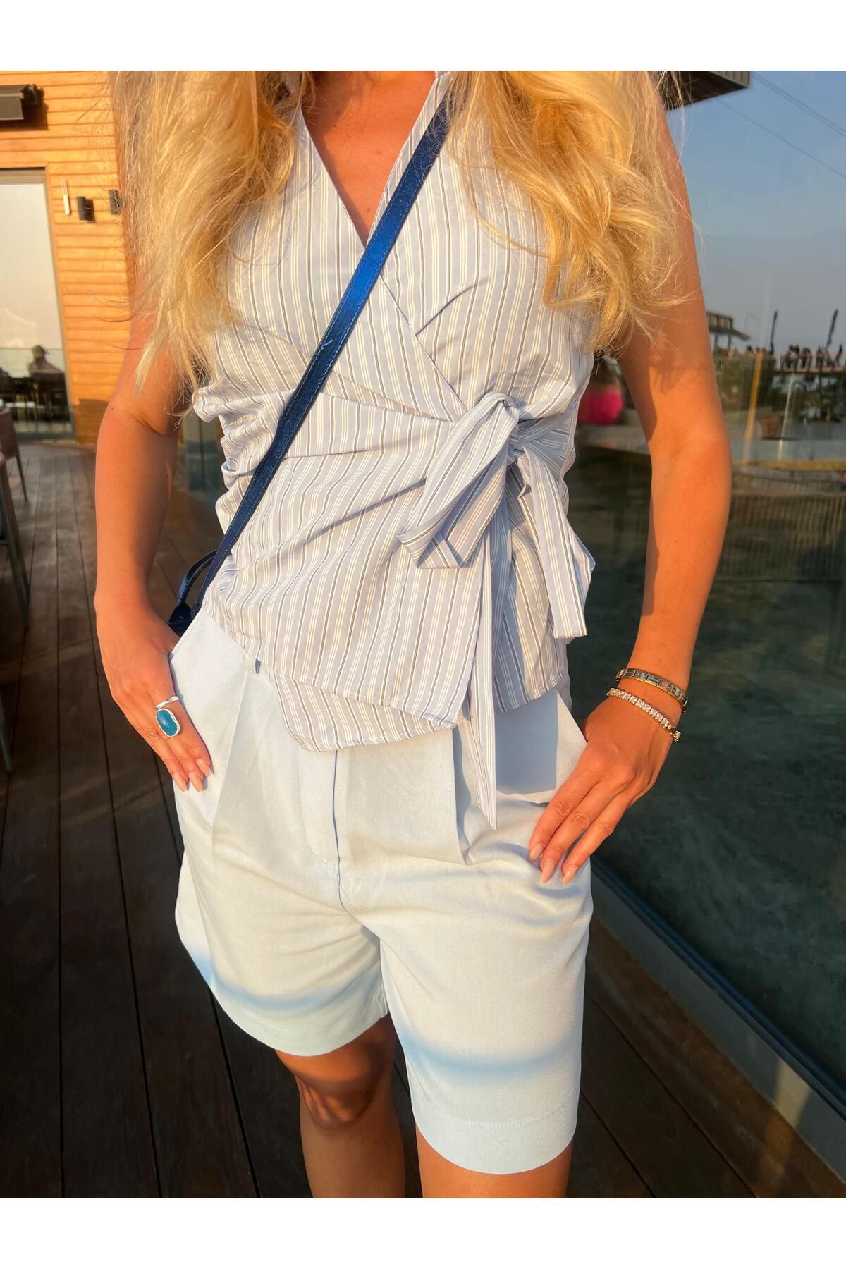 ab abone butik Çizgili Kruvaze Bağlamalı Bluz