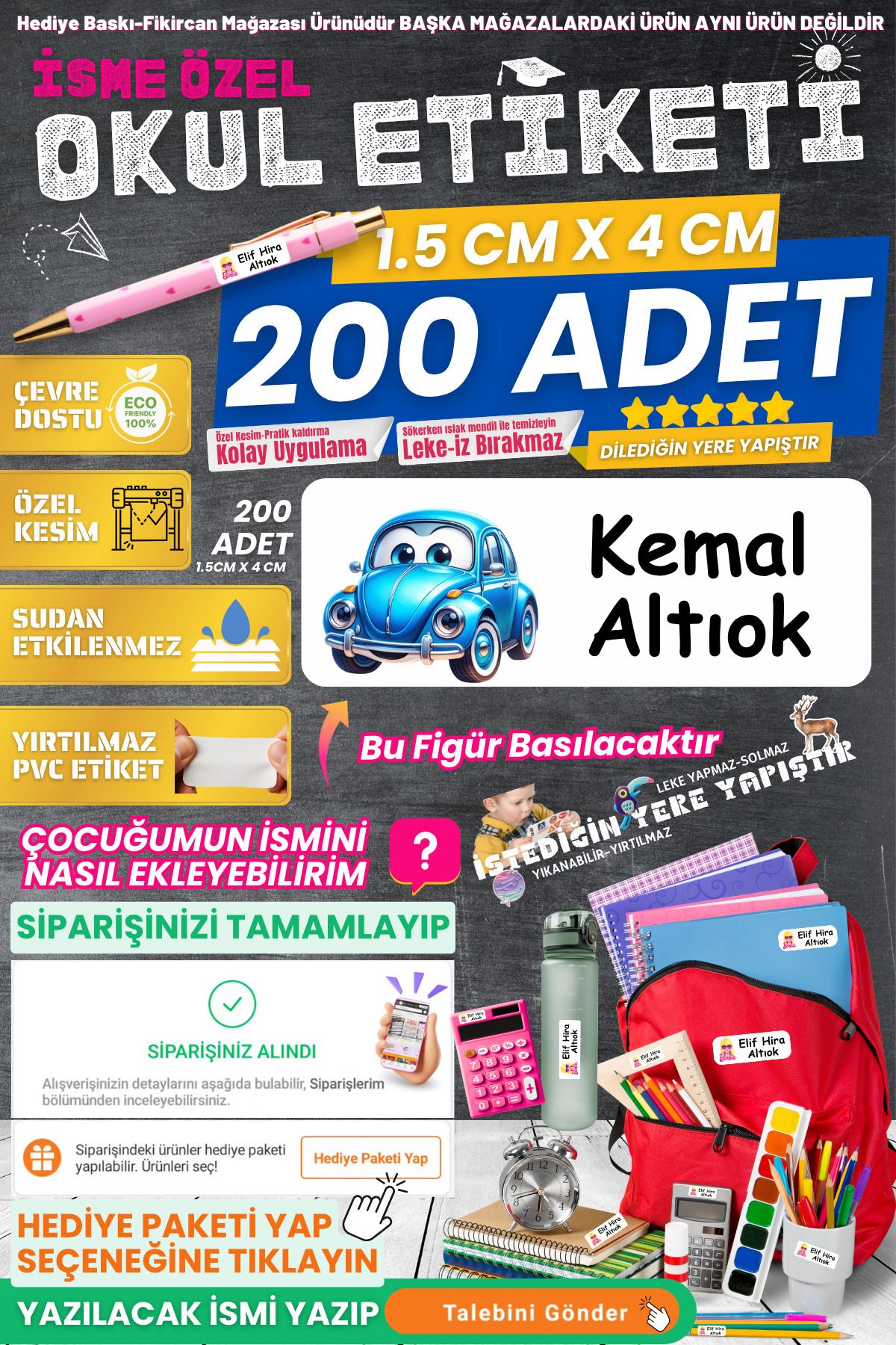 FİKİRCAN Fikircan-İsme Özel Okul Etiketi-MAVİ ŞİRİN VOSVOS 200 Adet - Kokusuz Ekolojik Mürekkep PVC ETİKET