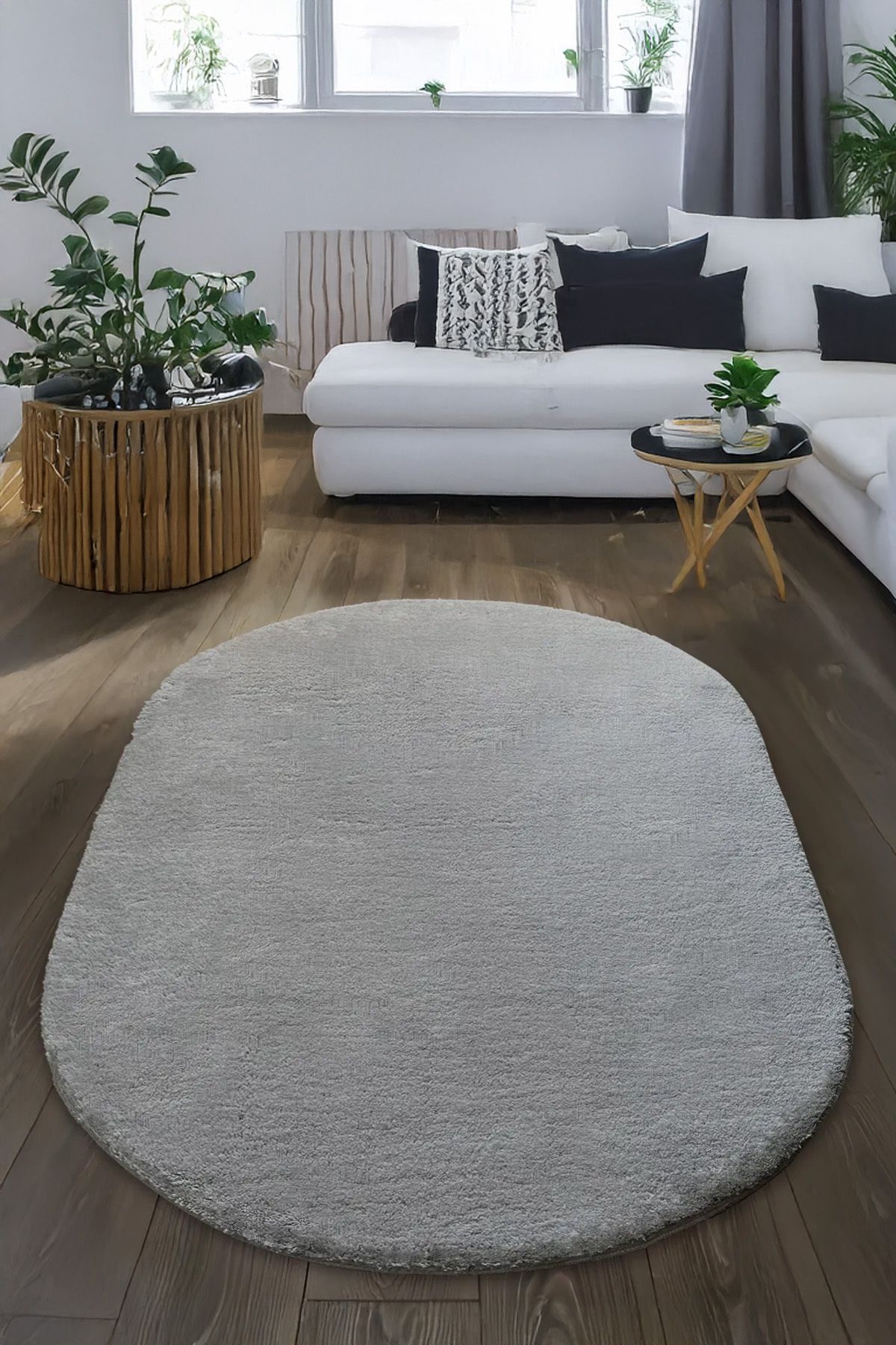 LOFT HOME CONSEPT Gri Oval Post Halı Yumuşak Peluş Kaymaz Dot Taban Yolluk Antibakteriyel Makinada Yıkanabilir