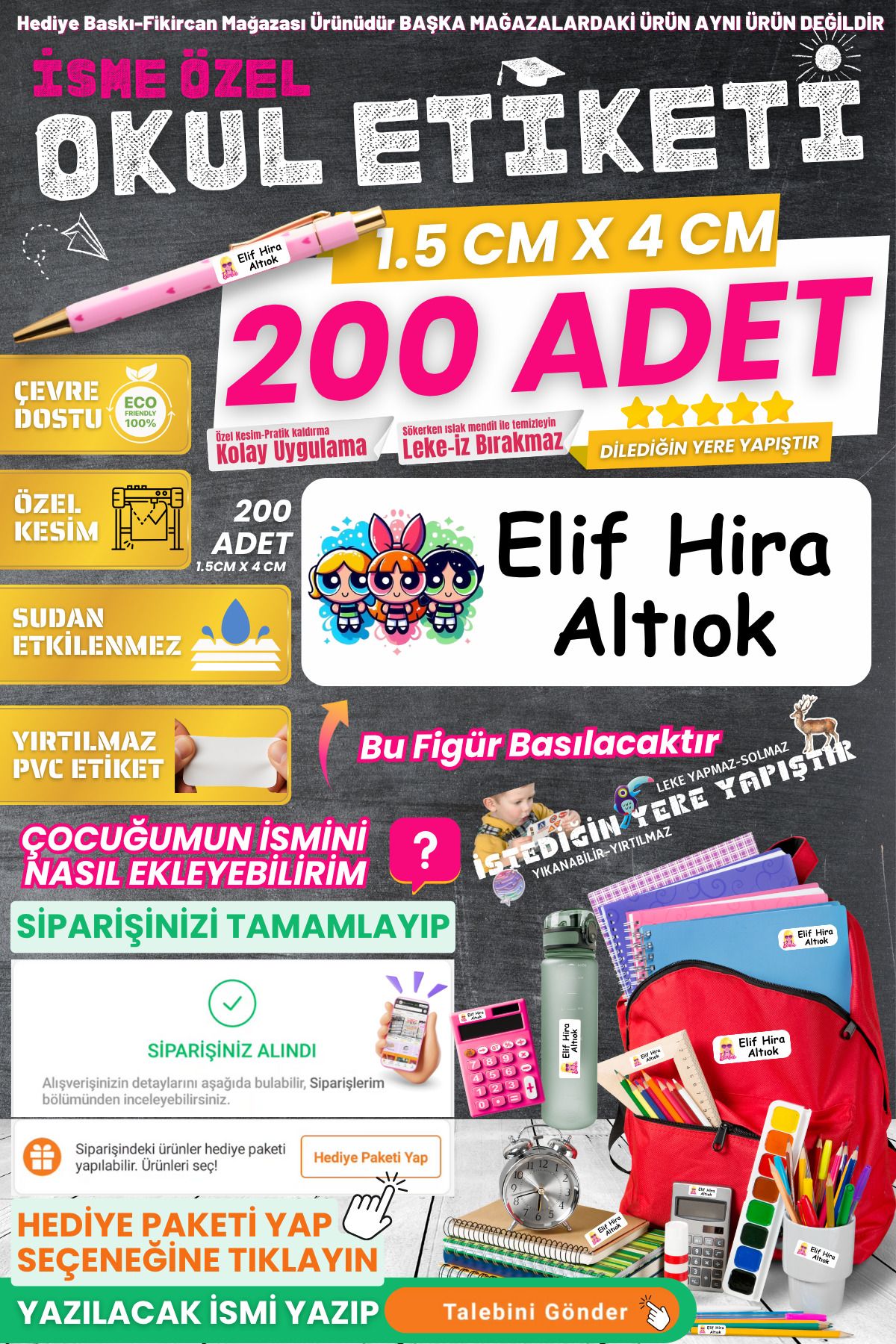 FİKİRCAN Fikircan-İsme Özel Okul Etiketi-POWERPUFF GİRLS 200 Adet - Kokusuz Ekolojik Mürekkep PVC ETİKET