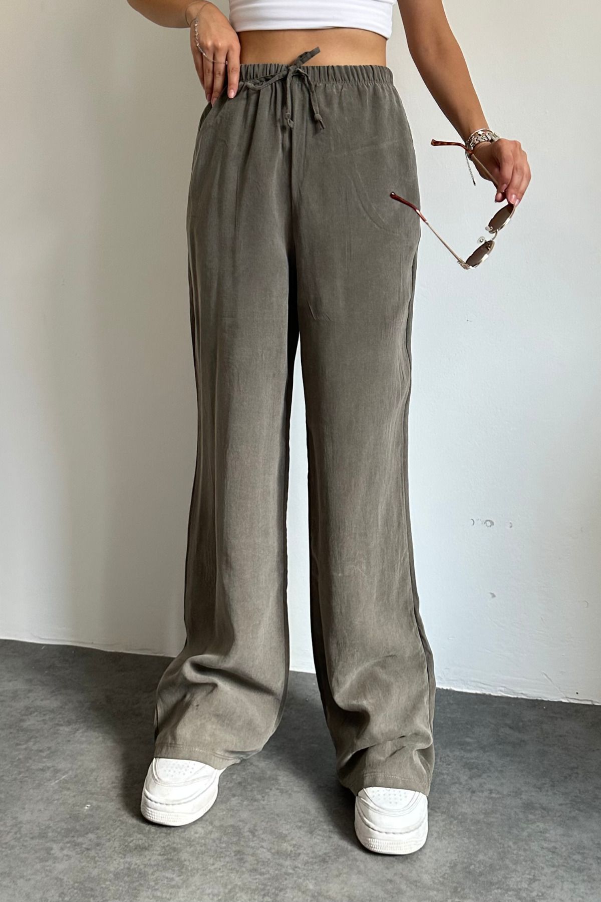 adba style Bağcıklı Beli Lastikli Yıkamalı Modal Dokuma Palazzo Kadın Pantolon 4016