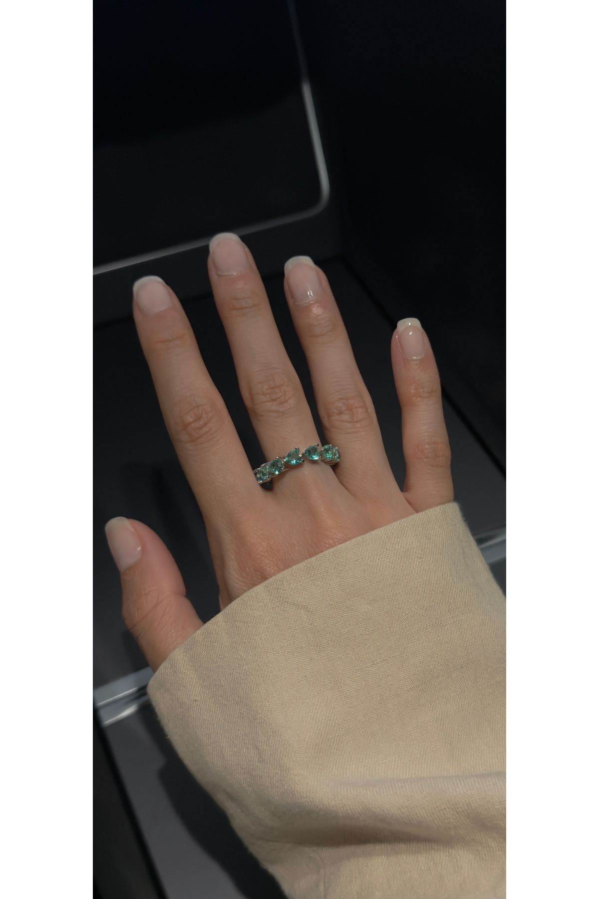 kems jewels Kalp Model Su Yeşili Zirkon Taşlı Gümüş Kaplama Ayarlanabilir Çelik Yüzük
