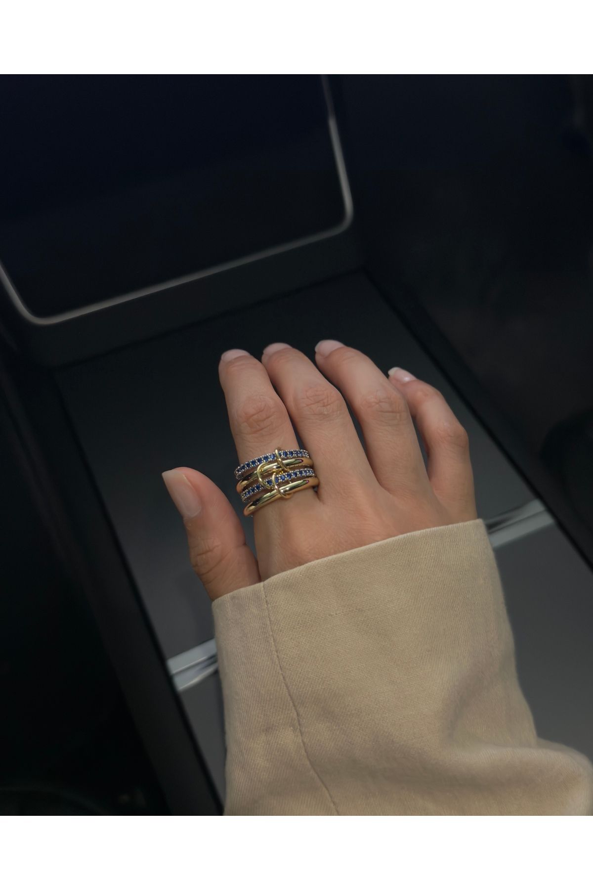 kems jewels Spinelli Tasarım Dört Halkalı Mavi Zirkon Taşlı Çelik Yüzük