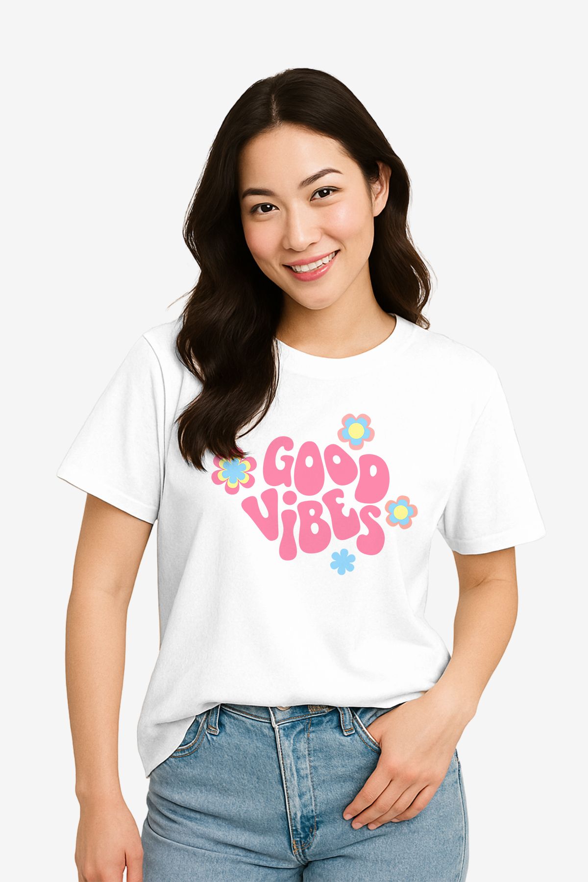 FANA Kadın Beyaz Tişört Renkli Retro Slogan Baskılı T-shirt