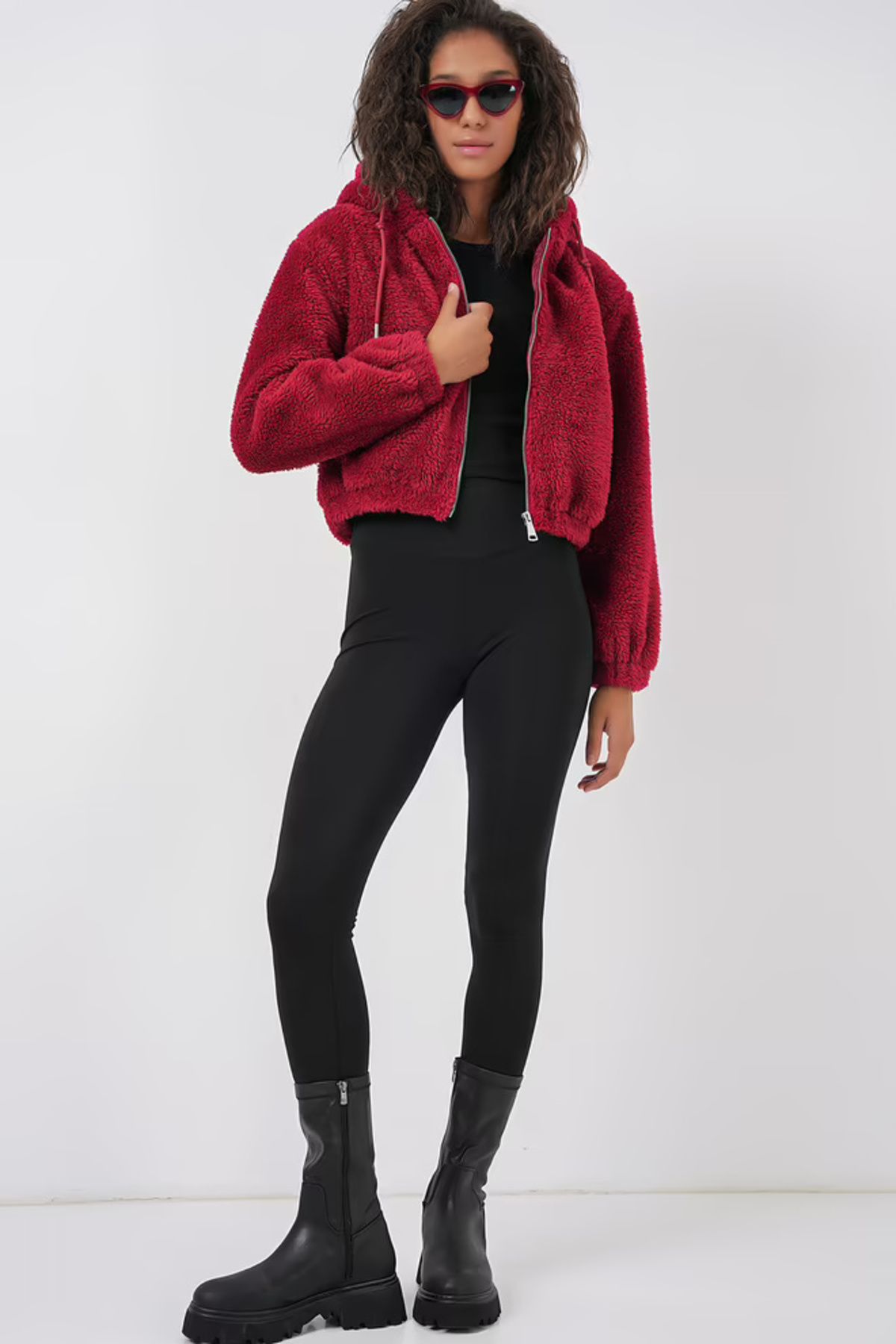 Bare & Bold Kapüşonlu Peluş Crop Ceket