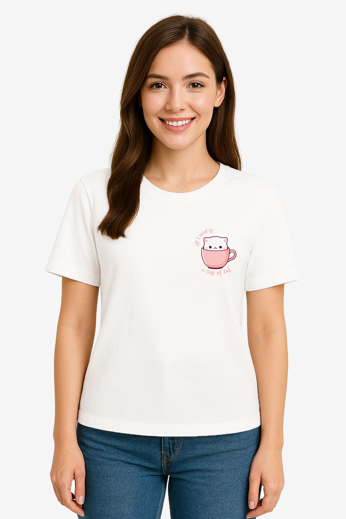 FANA Kadın Beyaz Tişört Renkli Kedi Fincan Baskılı Yazlık T-shirt
