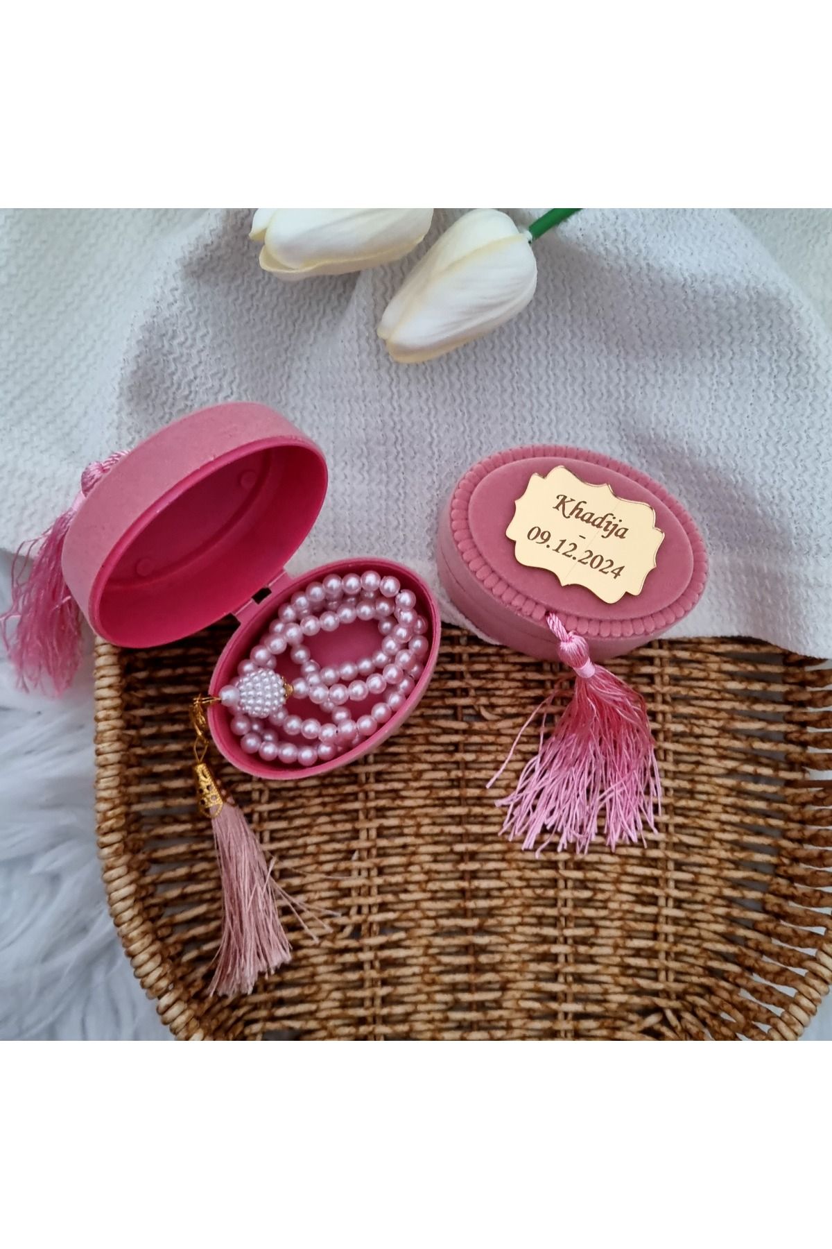 Lila Design 10 Adet Yazılı Kutulu Pembe Tesbih Mevlüt Umre Hac Söz Nişan Nikah Düğün Hediyelik