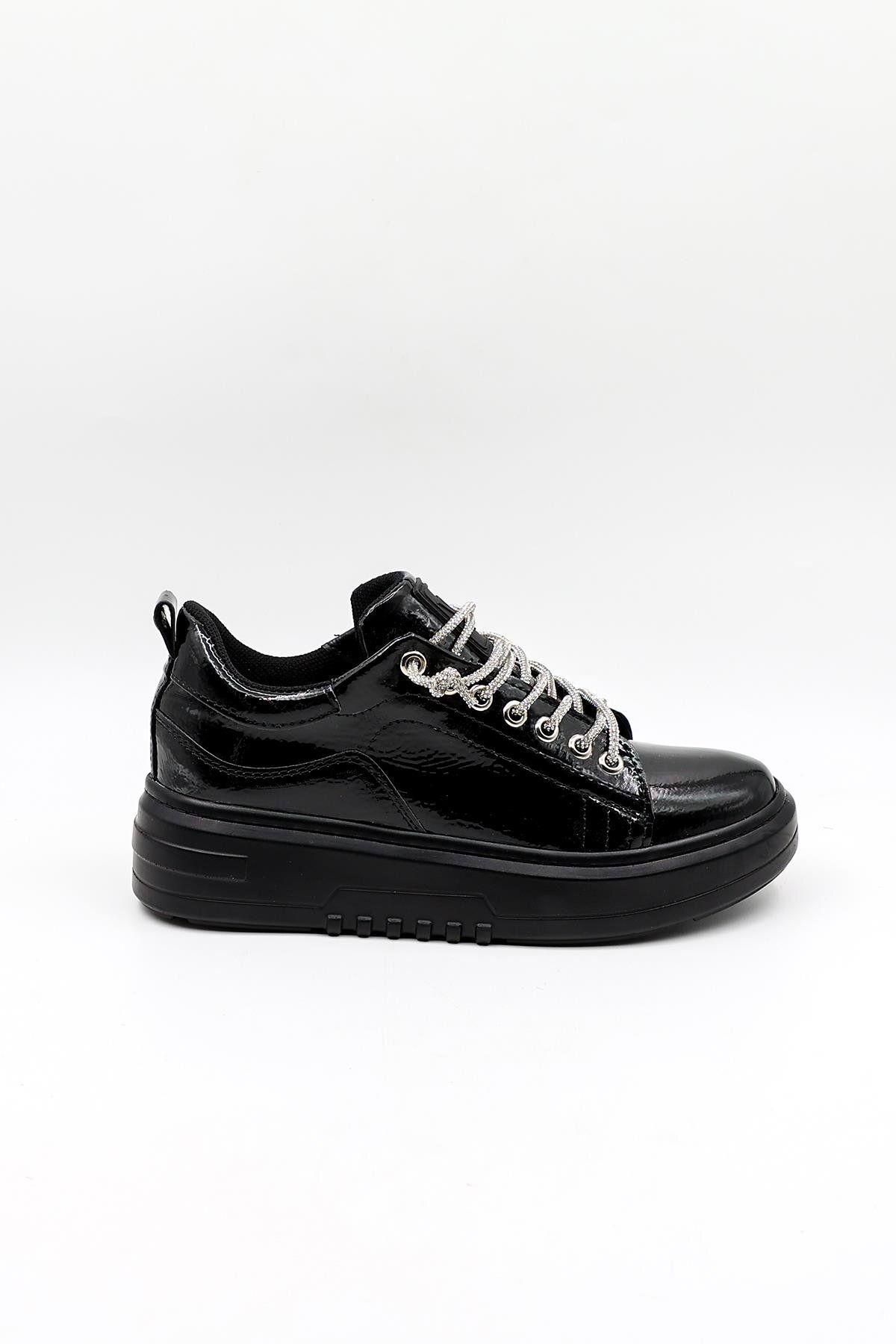 KRISTE BELL Yüksek Taban Taşlı Bağcıklı Sneaker Kadın Spor Ayakkabı Kb6002 Siyah