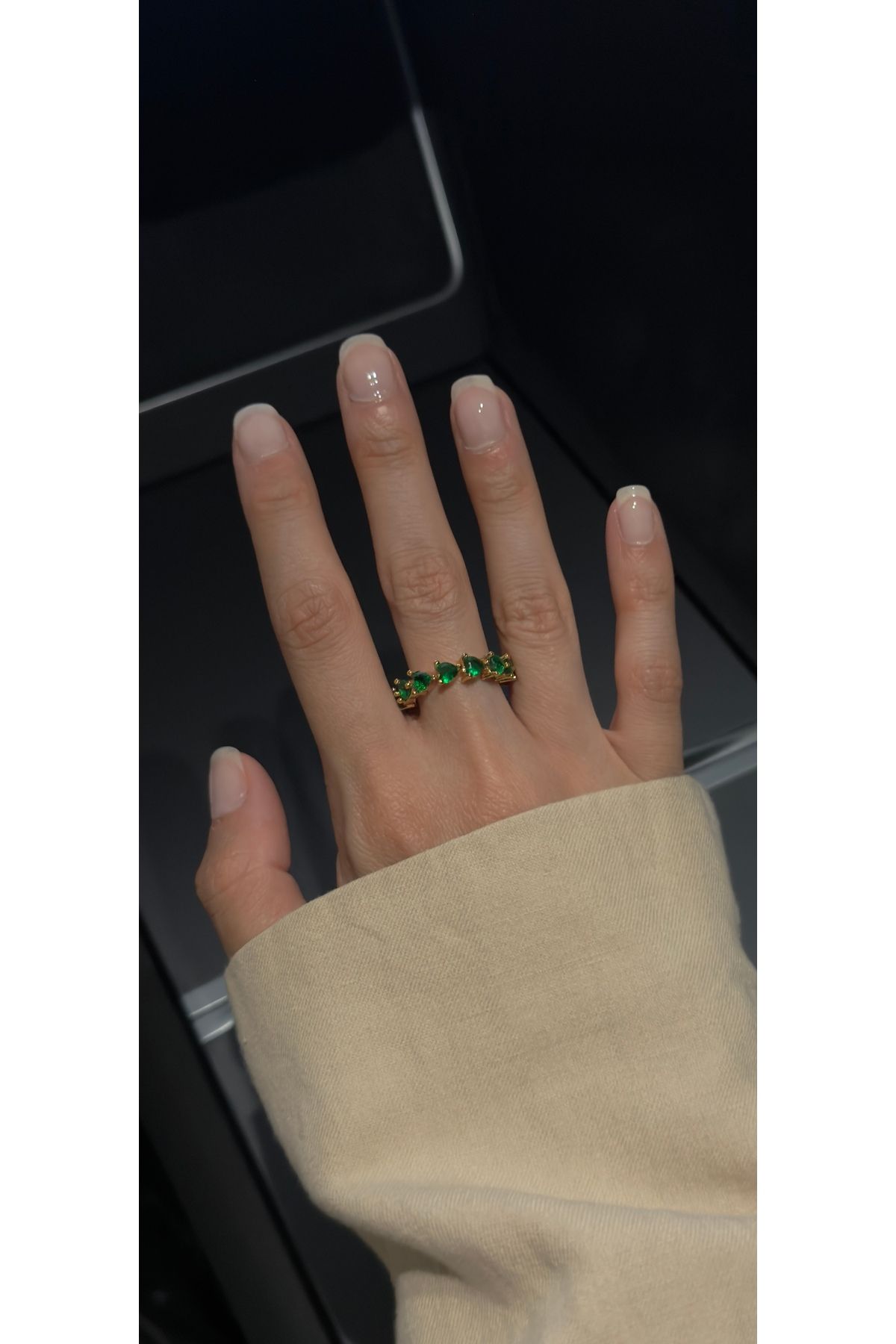 kems jewels Kalp Model Yeşil Zirkon Taşlı Altın Kaplama Ayarlanabilir Çelik Yüzük