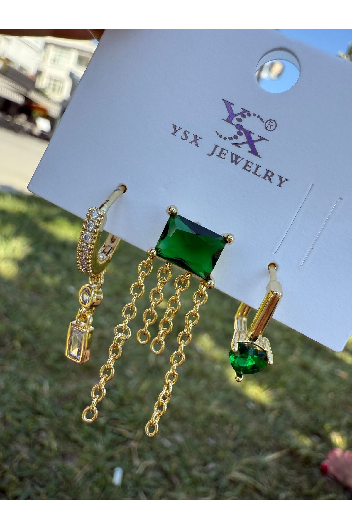 ARMELİA ACCESORİES Armelia Accessories Zümrüt Taş Detaylı 3’lü Asimetrik Küpe Seti