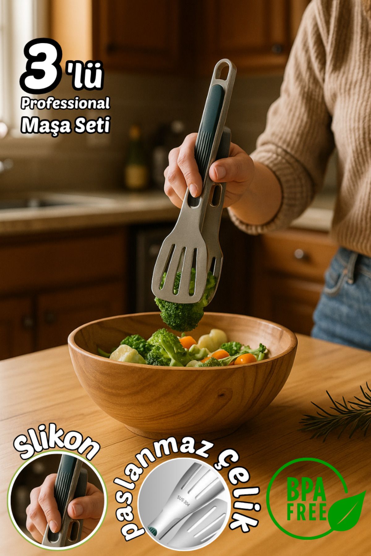 Comprox Paslanmaz Çelik Pro 3'lü Maşa Servis Seti Slikon Tutamaçlı Pasta, salata, makarna, ızgara,