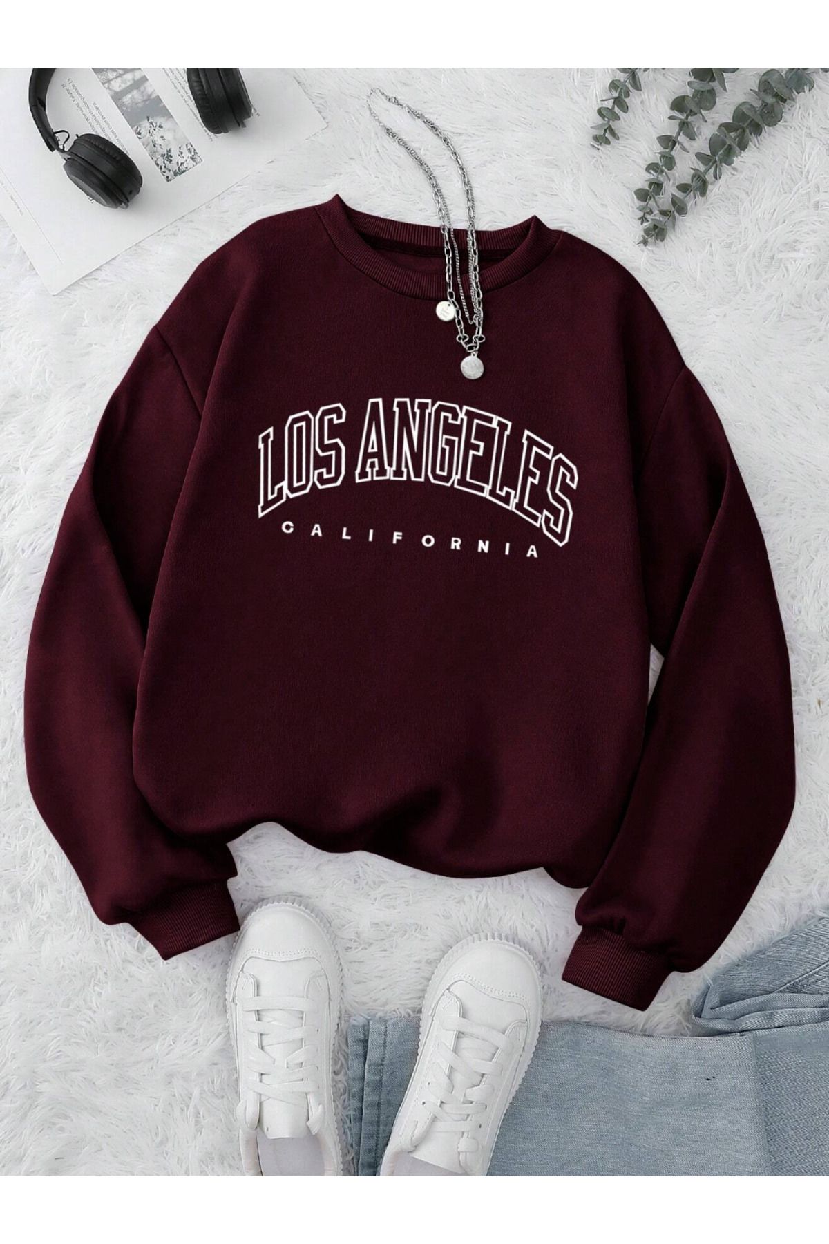 COHERENT Unisex Kadın/Erkek LOS ANGELES Özel Renkli Oversize Bisiklet Yaka Pamuklu Sweatshirt