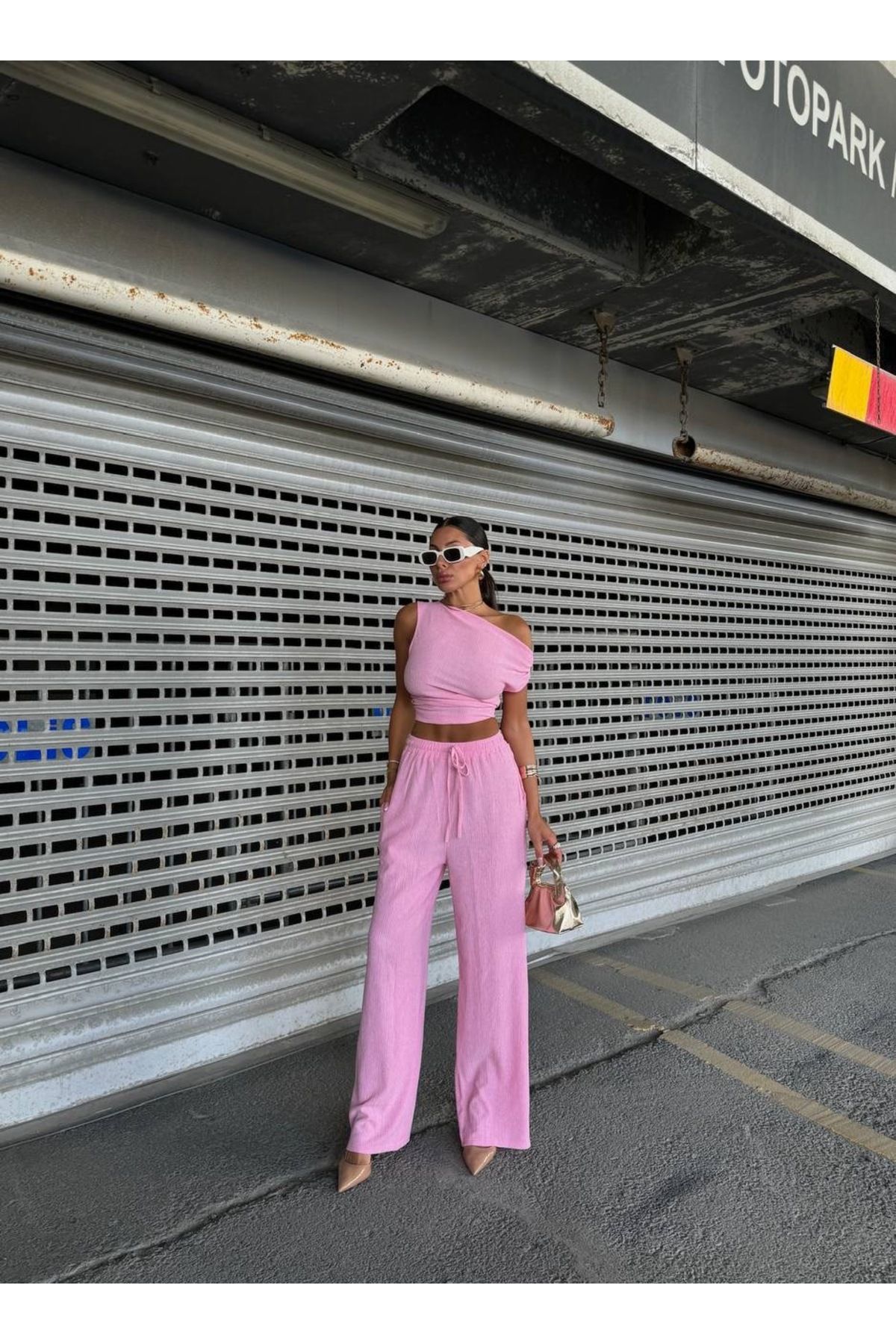 LAVİNİA Pembe ikili omuzu düşük kollu takım