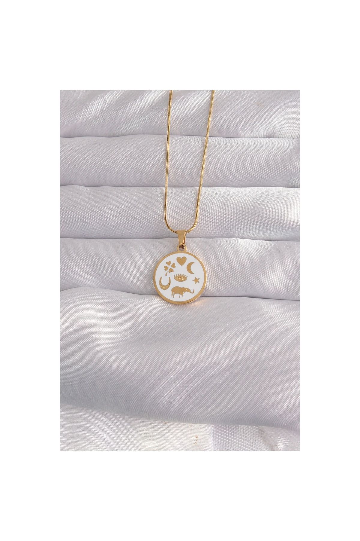 maarketim 316L Çelik Gold Renk Beyaz Mineli Karışık Figürlü Tarot Kolye