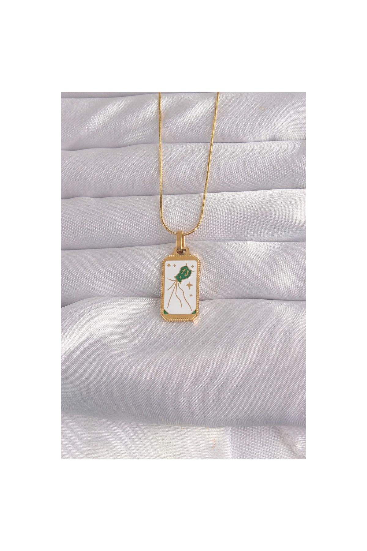 maarketim 316L Çelik Gold Renk Beyaz Mineli Tarot Kolye