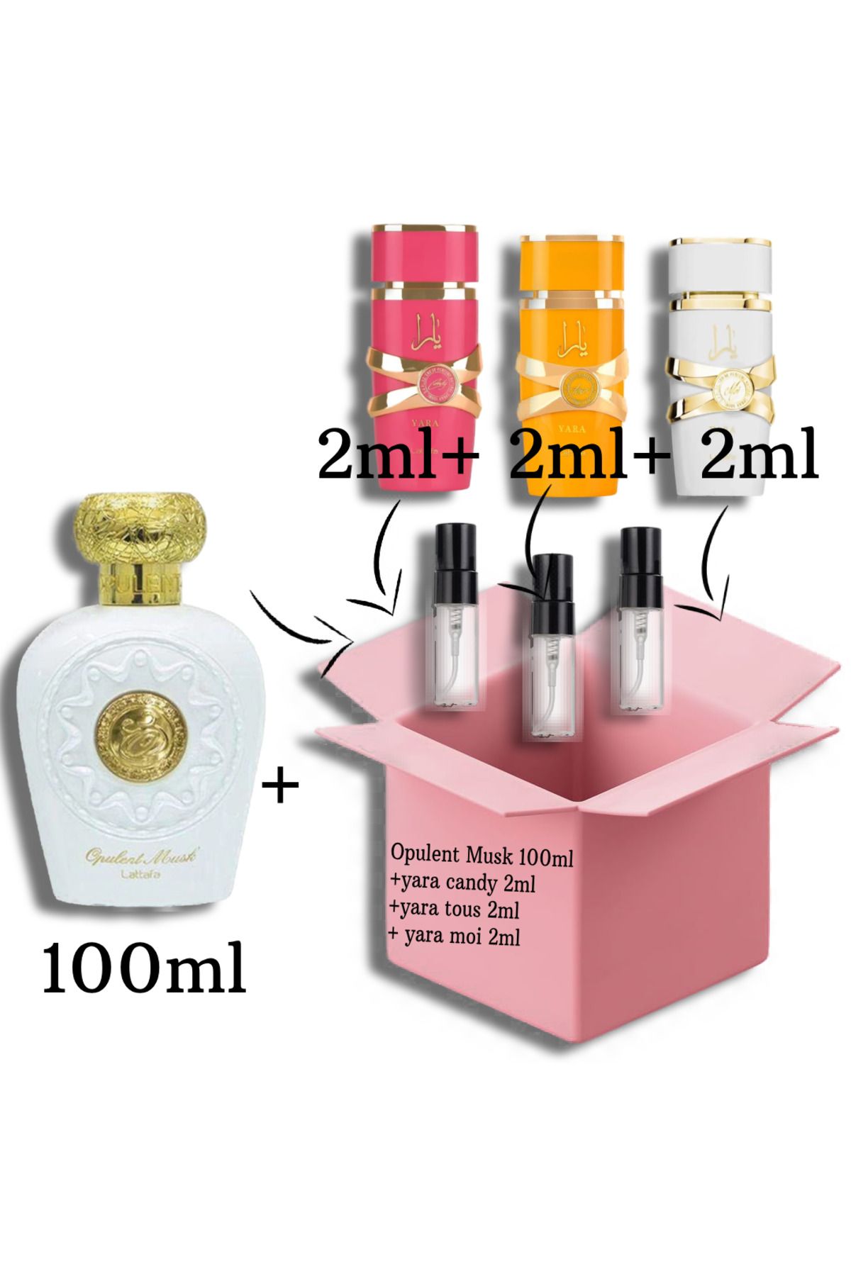 lattafa-Opulent Musk 100ml EDP + samples 2ml of (Yara Candy+Yara Tous+Yara Moi) 1