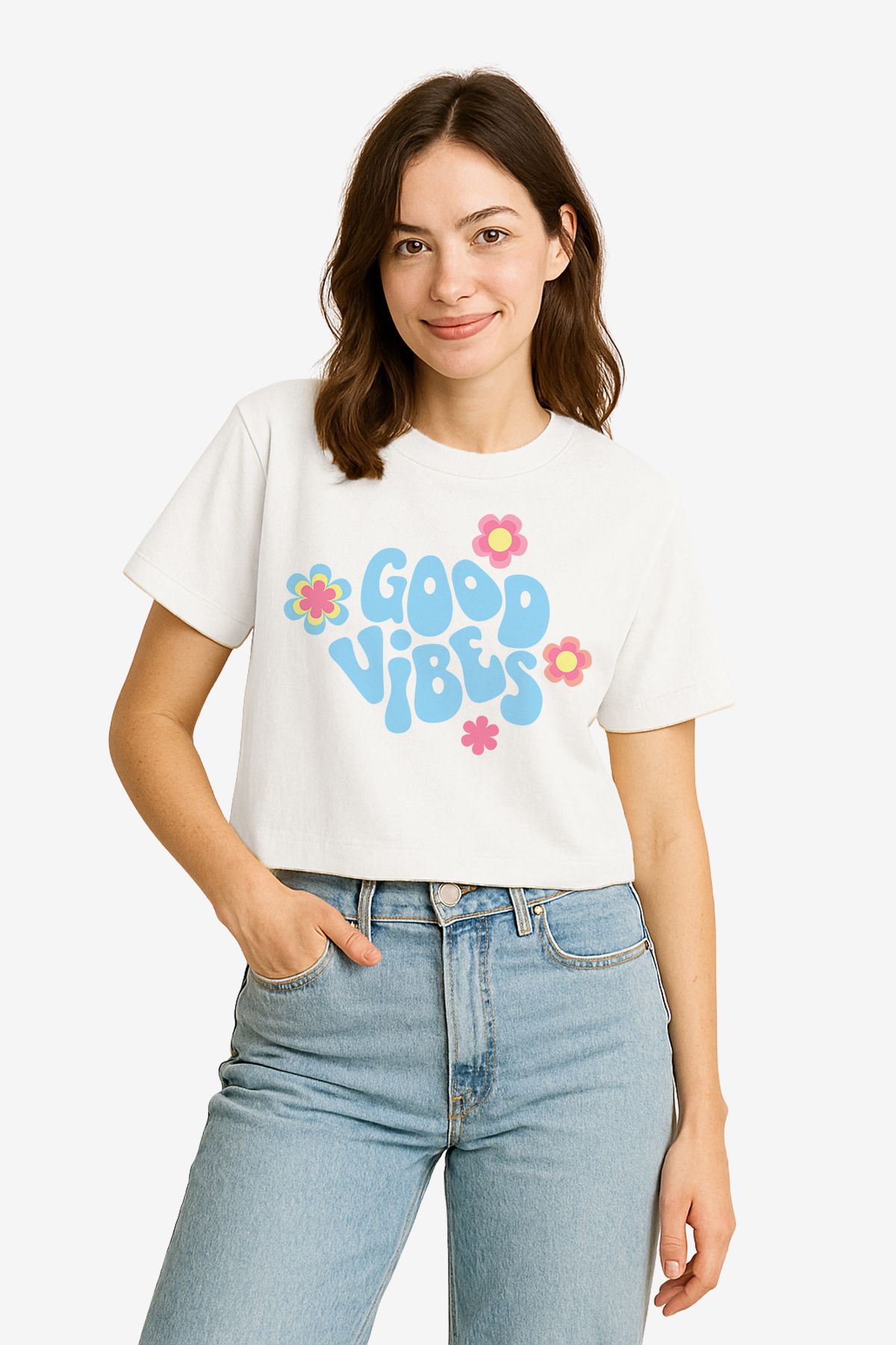 FANA Kadın Beyaz Tişört Renkli Retro Slogan Baskılı Oversize Kısa T-shirt