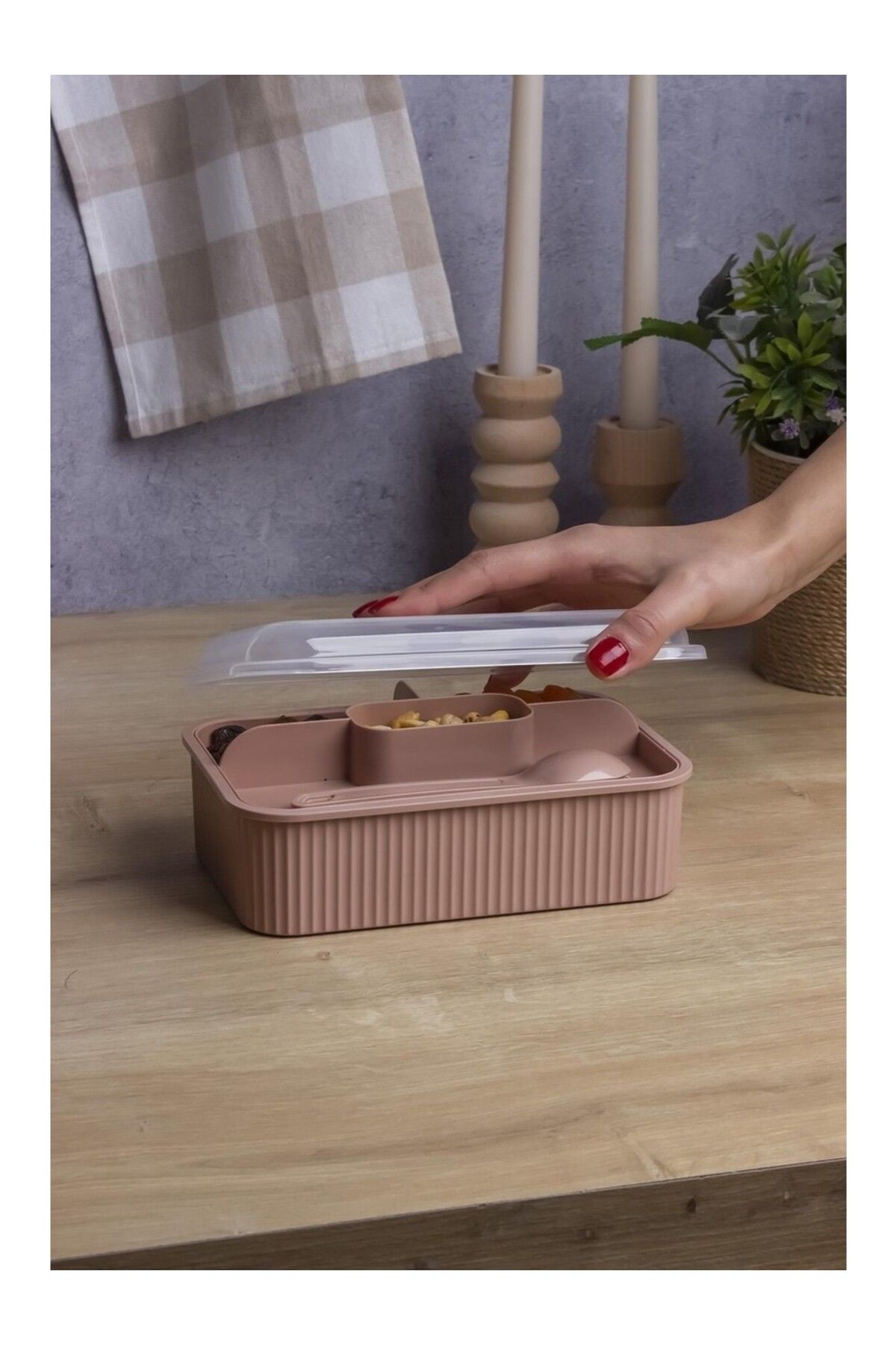 Impress Çatal Kaşıklı Çizgili 5 Bölmeli Beslenme Kutusu Şeffaf Kapaklı Sızdırmaz Lunch Box Okul Ofis 1 Adet