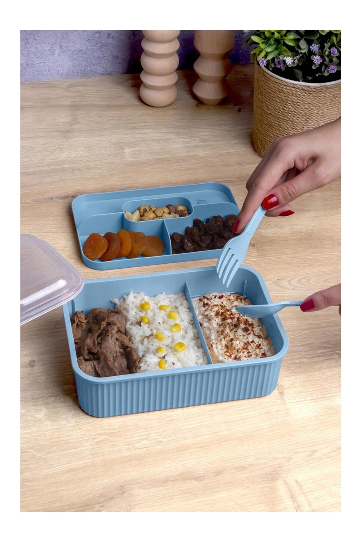 Impress Çatal Kaşıklı Çizgili 5 Bölmeli Beslenme Kutusu Şeffaf Kapaklı Sızdırmaz Lunch Box Okul Ofis 1 Adet