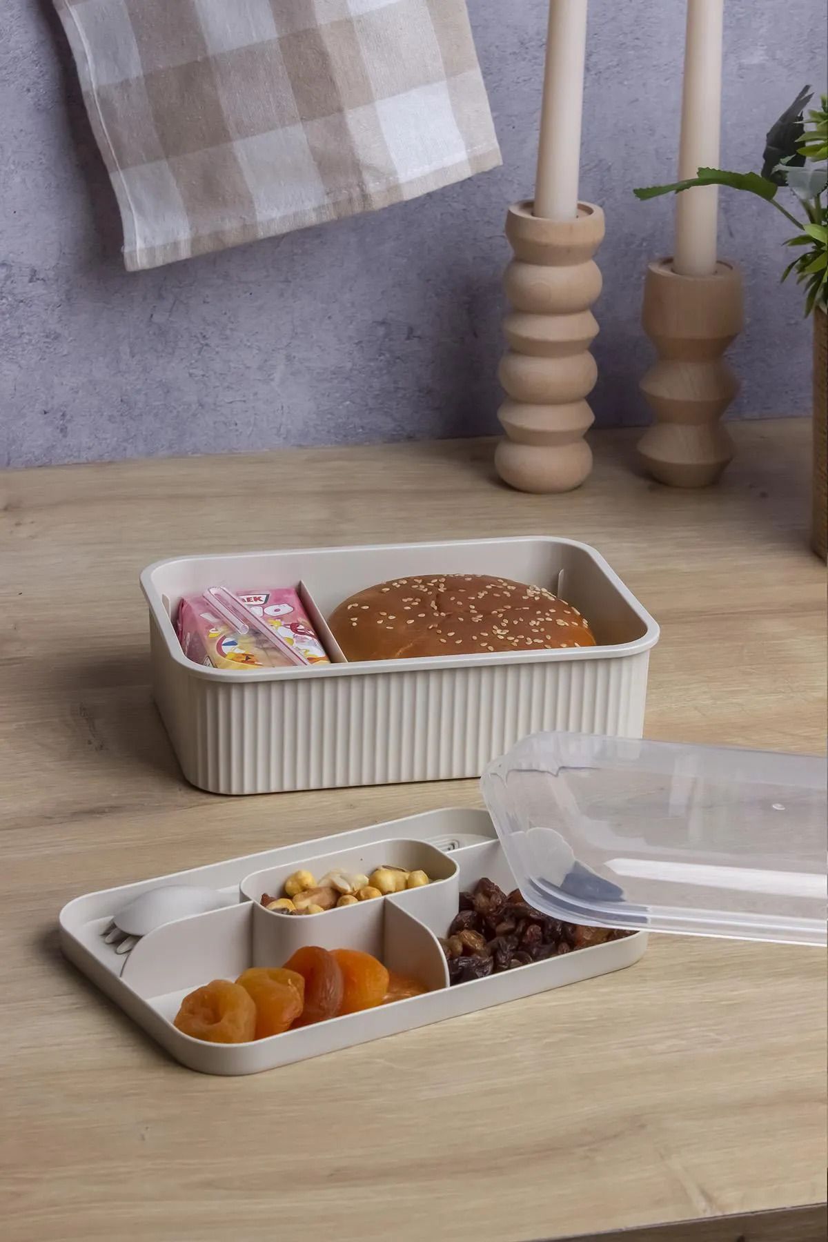 Impress Çatal Kaşıklı Çizgili 5 Bölmeli Beslenme Kutusu Şeffaf Kapaklı Sızdırmaz Lunch Box Okul Ofis 1 Adet