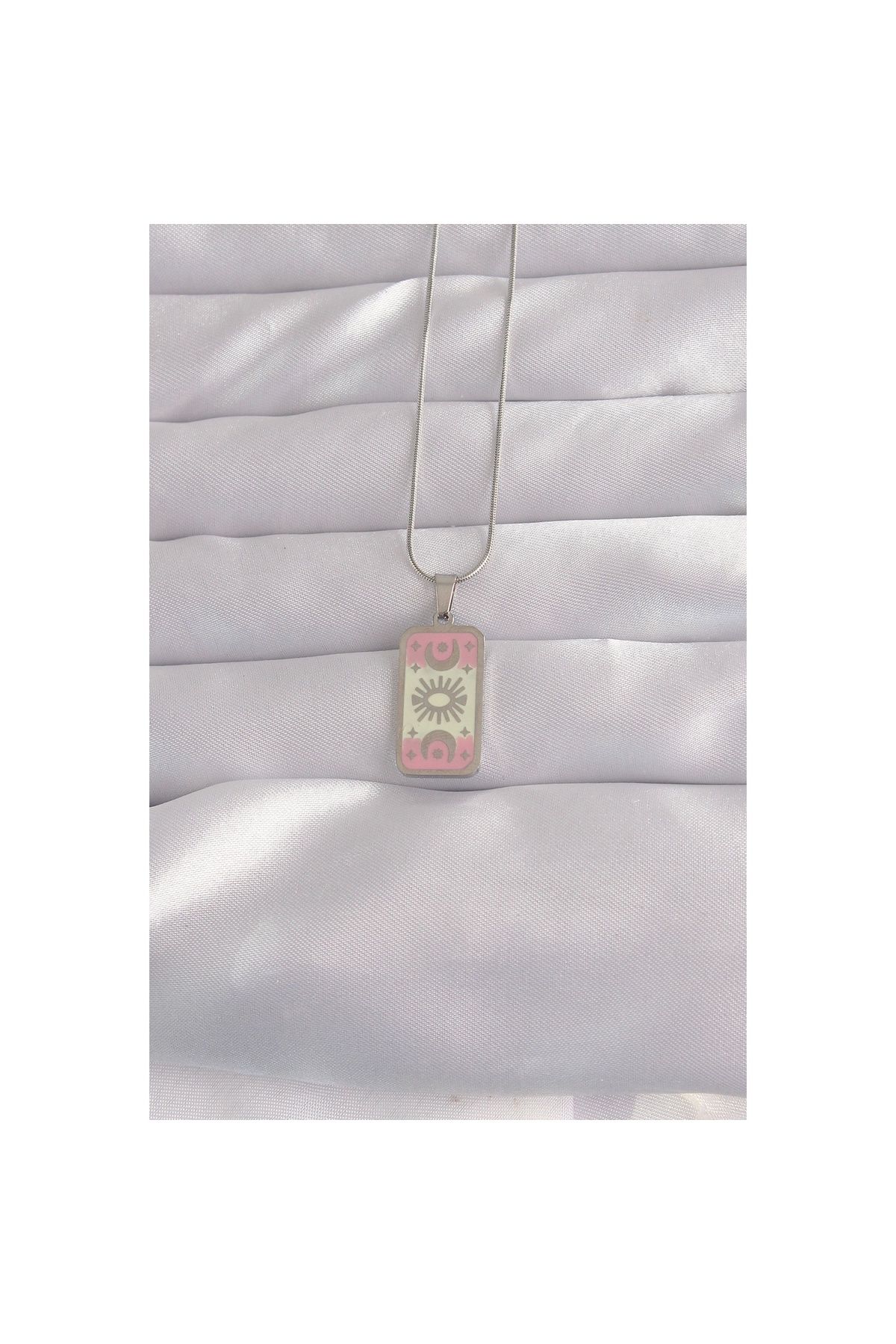maarketim 316L Çelik Gümüş Renk Pembe Mineli Ay Figür Tarot Kolye