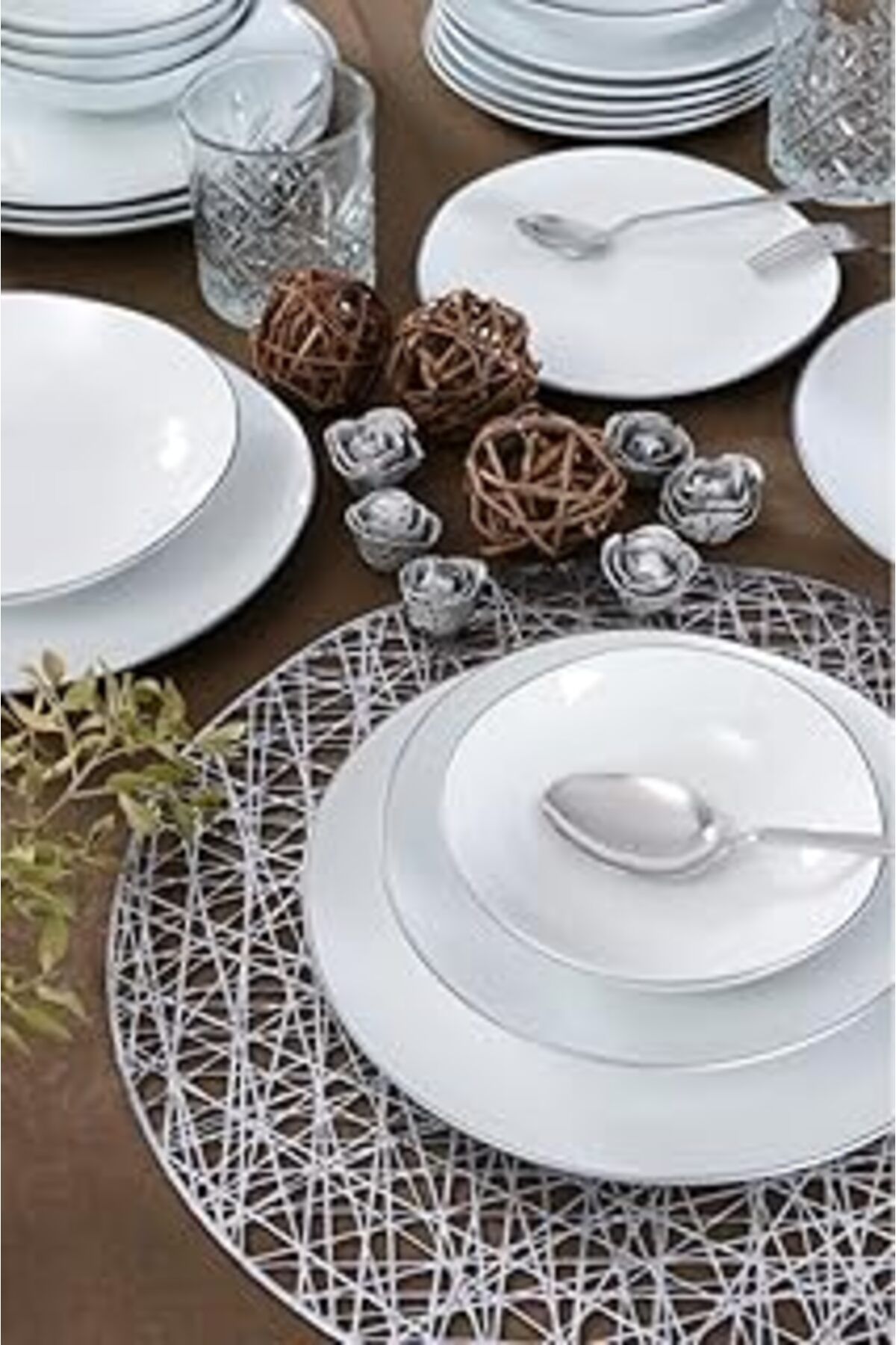 Mu Art Ahşap Güral Porselen Elegant Roden 24 Parça 6 Kişilik Yemek Takımı Gümüş