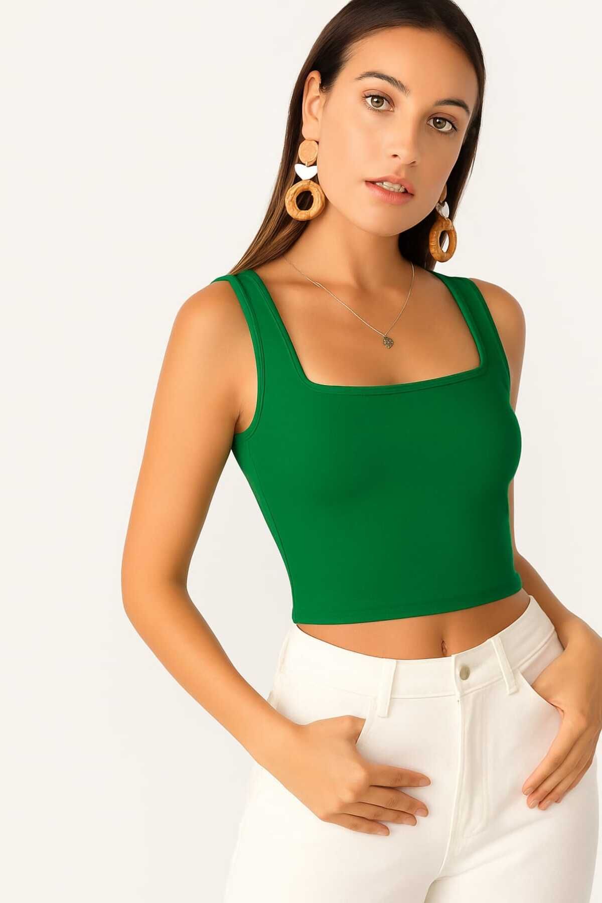 By Kul Design KADIN KARE YAKA LİKRALI JARSE CROP TOP