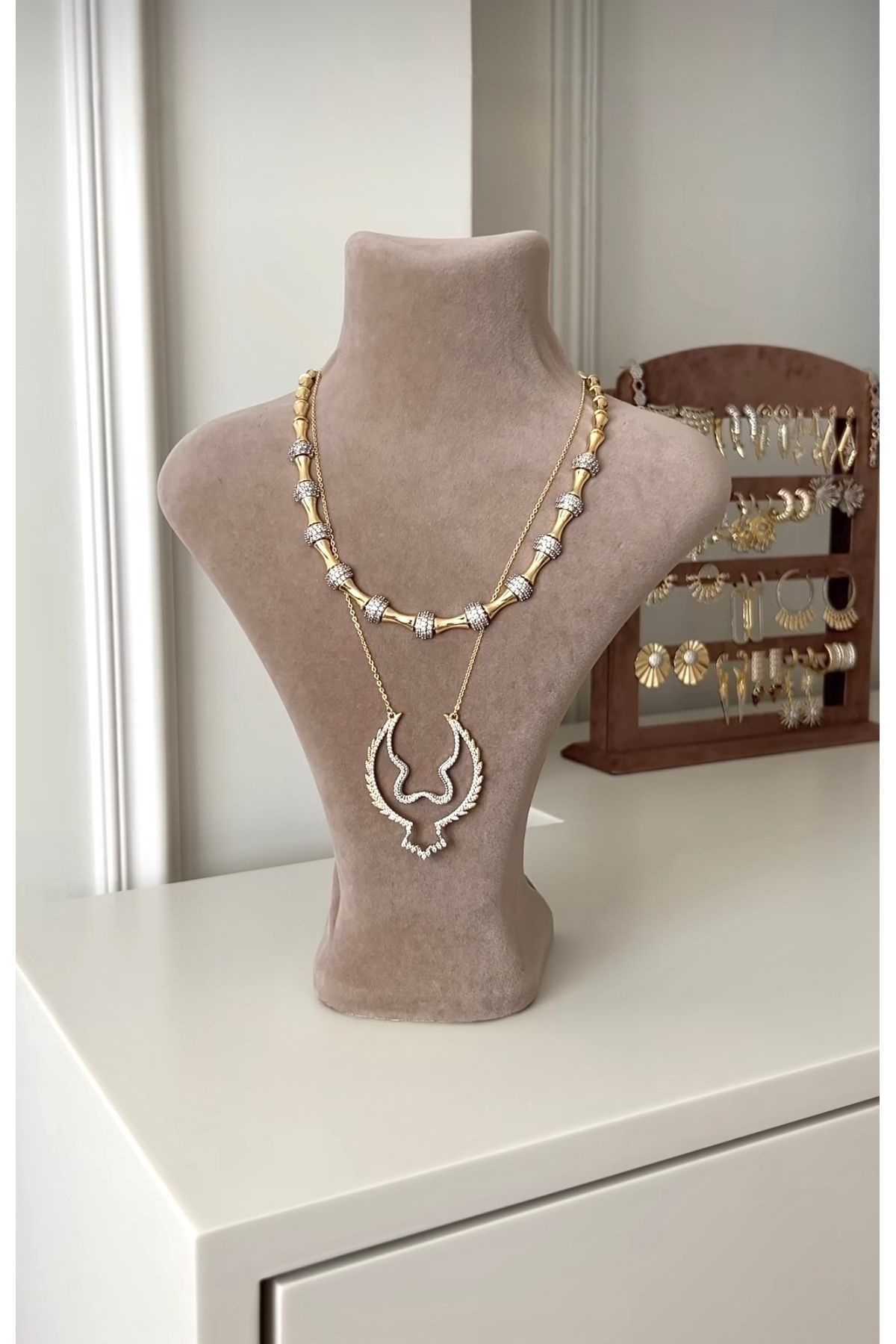 kems jewels Tasarım Model Zirkon Taşlı Altın Kaplama Çelik Kolye