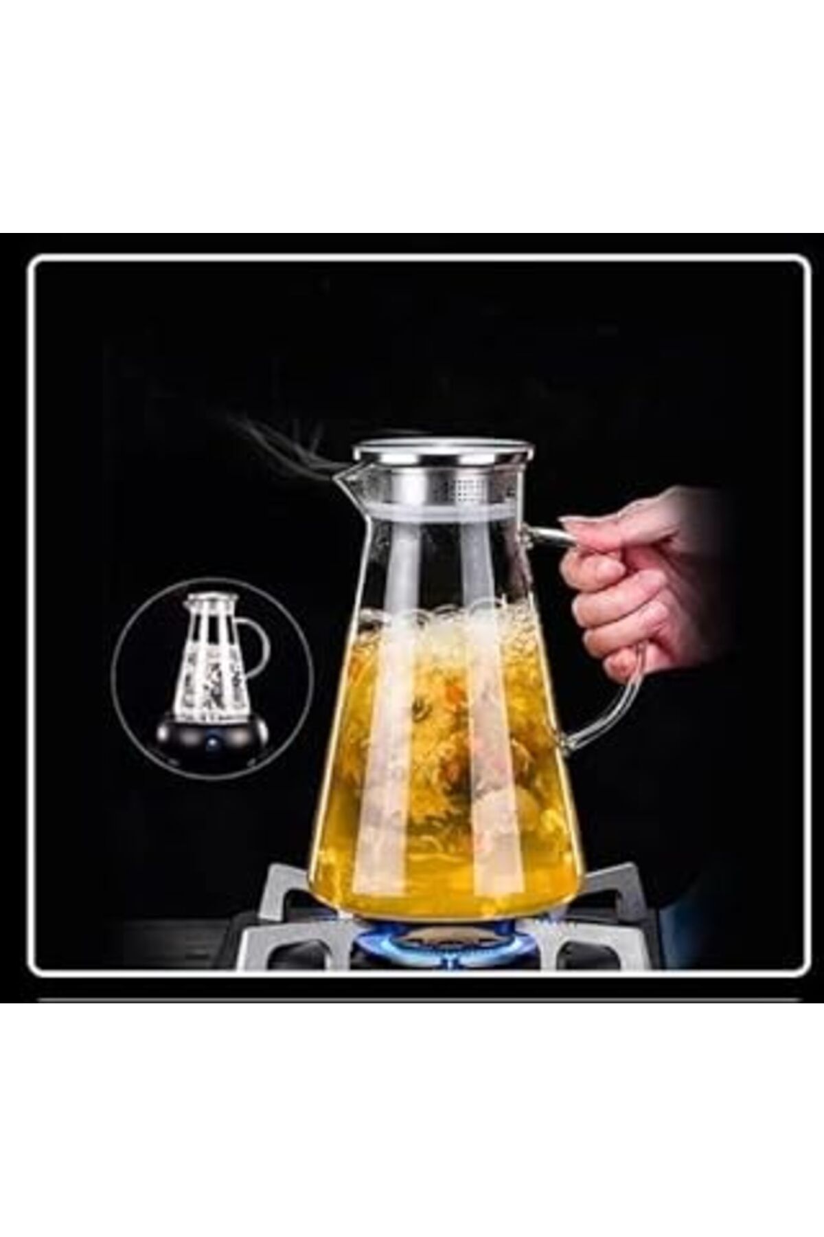 Mu Art Ahşap 1,8Lt Borosilikat Ateşe Dayanıklı Metal Kapaklı Cam Konik Sürahi
