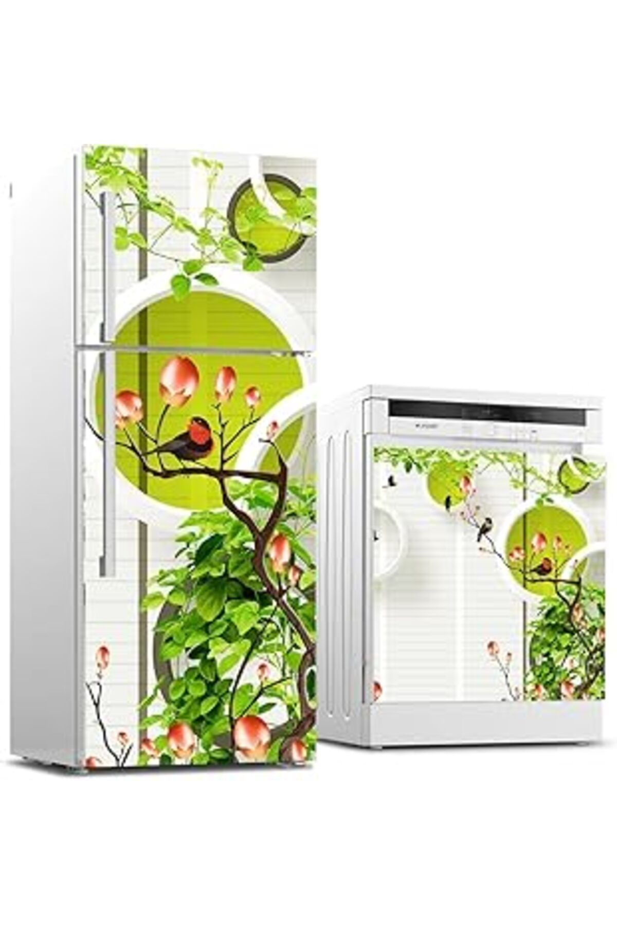 Qedii Buzdolabı Ve Bulaşık Makinası Beyaz Eşya Sticker Kaplama Yuvarlak Kuş Ağaç