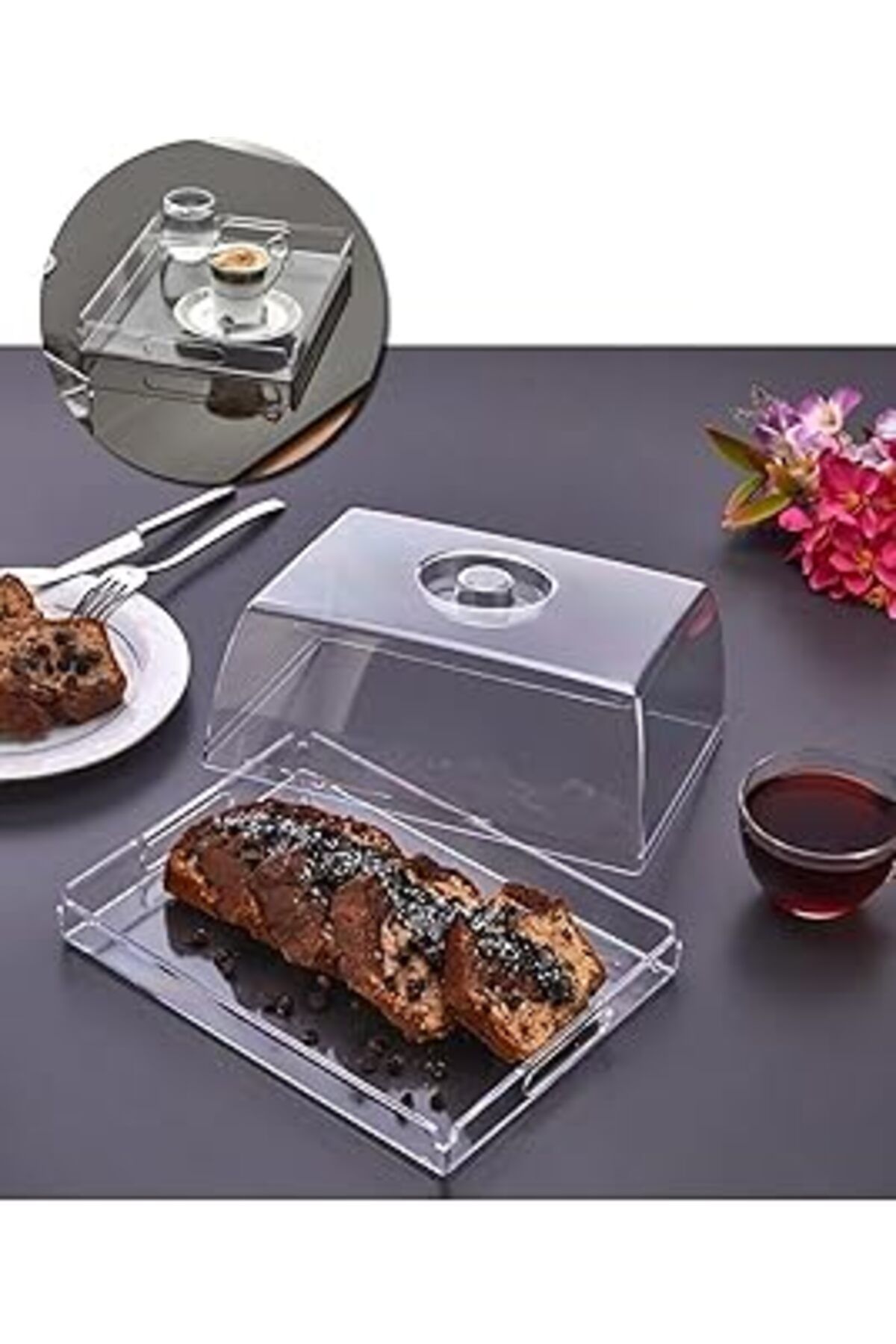 Mu Art Ahşap Xesha Kristal Tepsili Kek Fanusu Servis Tepsisi Tutma Saplı İkramlık Sunumluk Pasta Standı