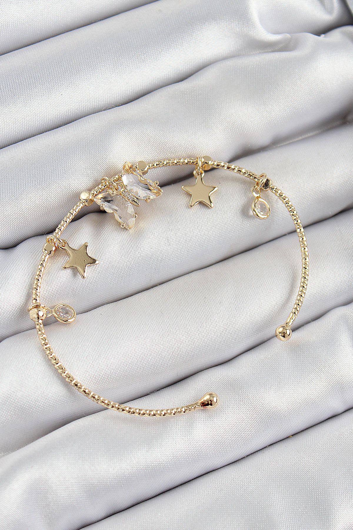 Toptan Bulurum Pirinç Zirkon Taşlı Ve Yıldız Model Gold Renk Charm Bileklik