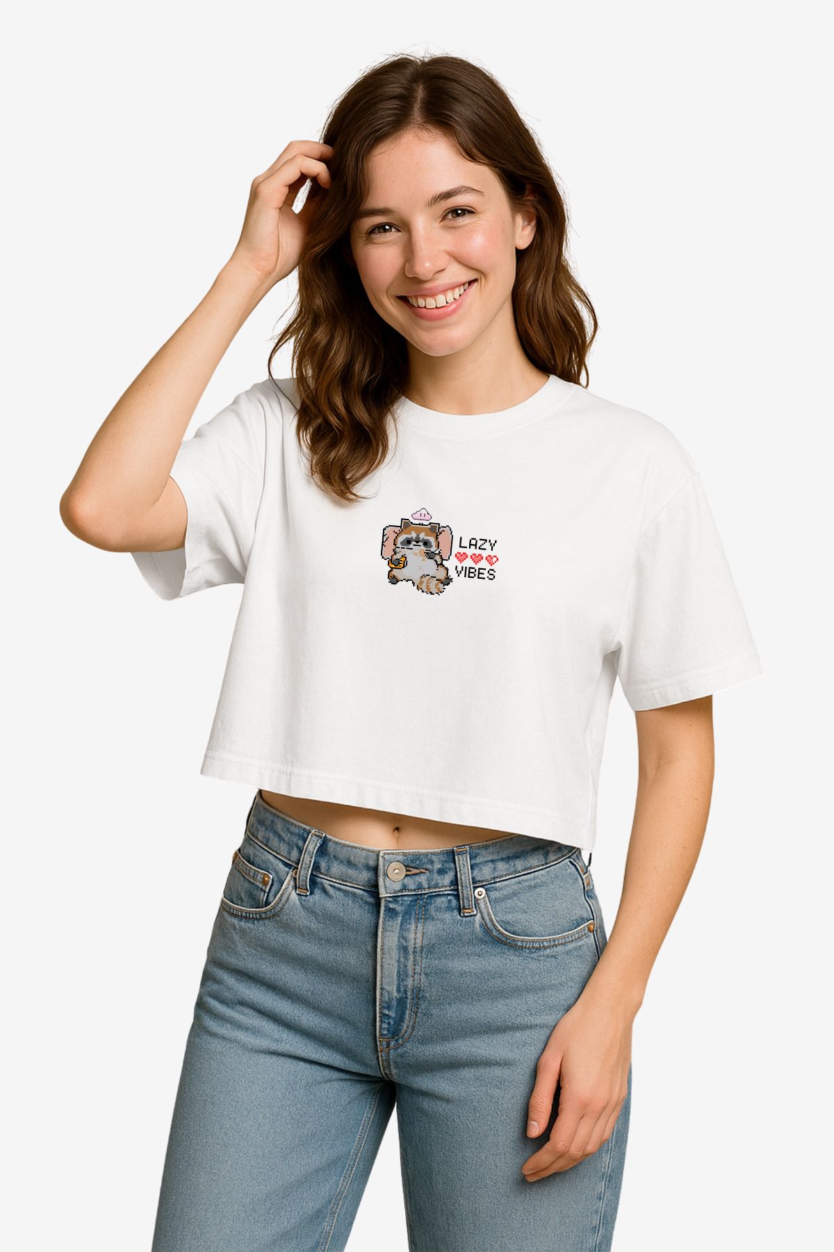 FANA Kadın Beyaz Kısa Tişört Retro Minimal Pixel Rakun Baskılı Oversize T-shirt