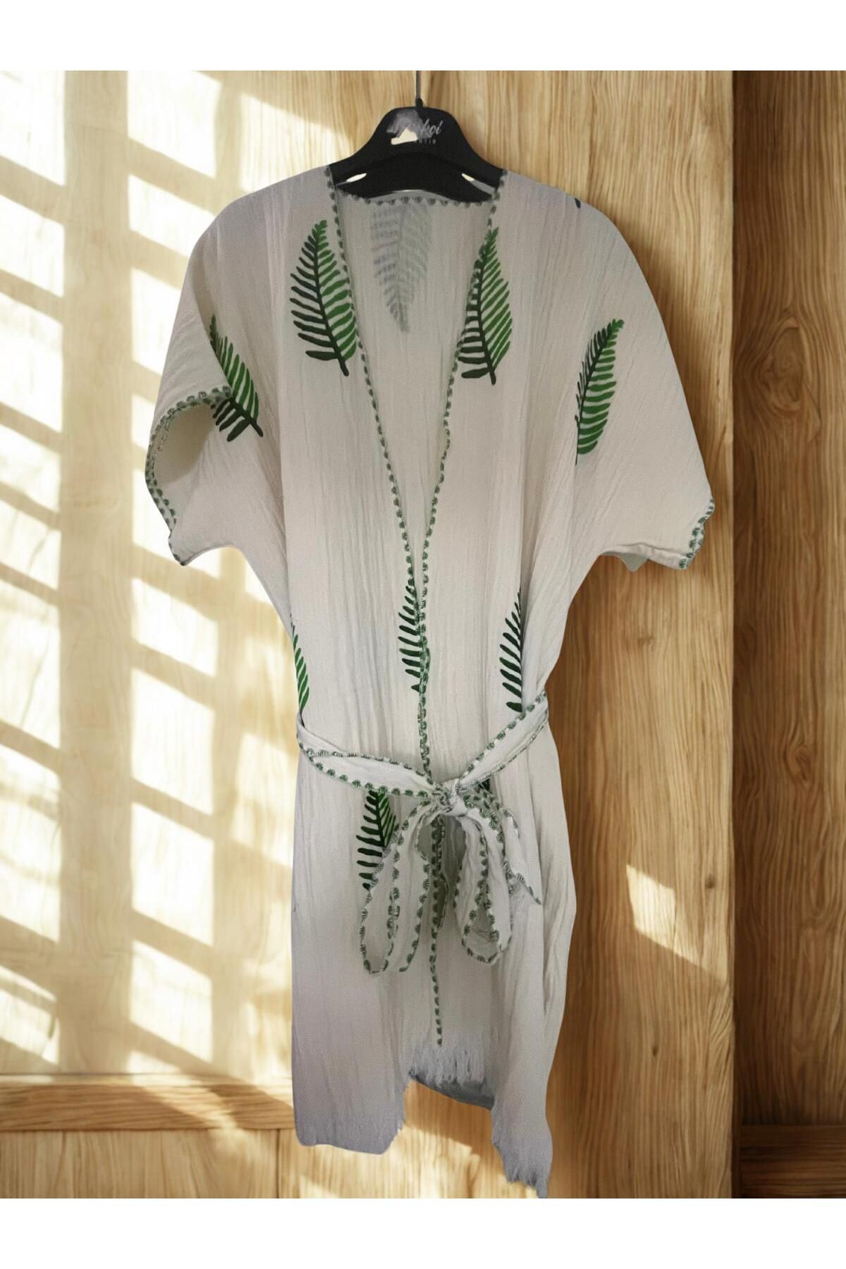 TekStilize Deniz Grubu Yeşil Yaprak Desenli Kimono (%100 PAMUKLU)