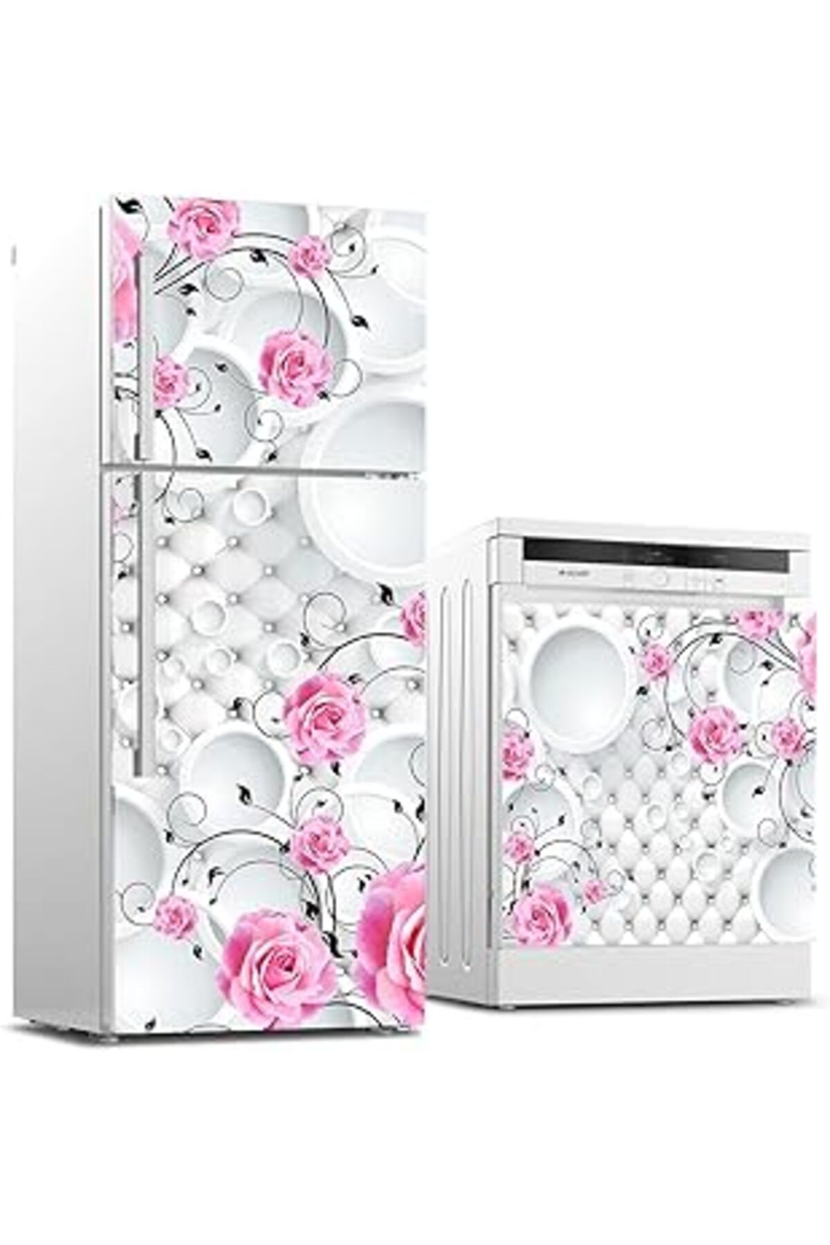 Mu Art Ahşap Buzdolabı Ve Bulaşık Makinası Beyaz Eşya Sticker Kaplama 3D Pembe Gül