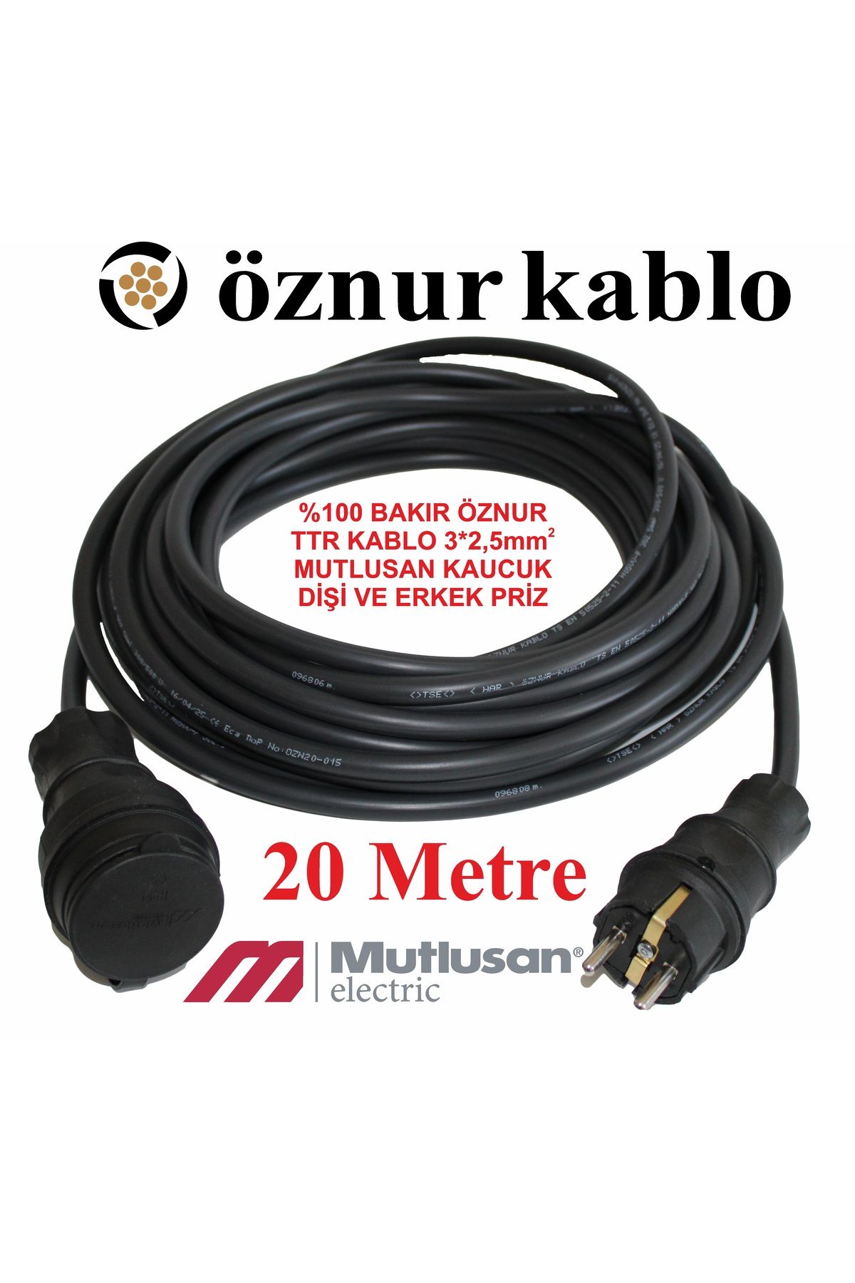 aryes MUTLUSAN KAUÇUK FİŞLİ 20 METRE ÖZNUR 3*2,5MM KALIN BAKIR SEYYAR KABLOSU